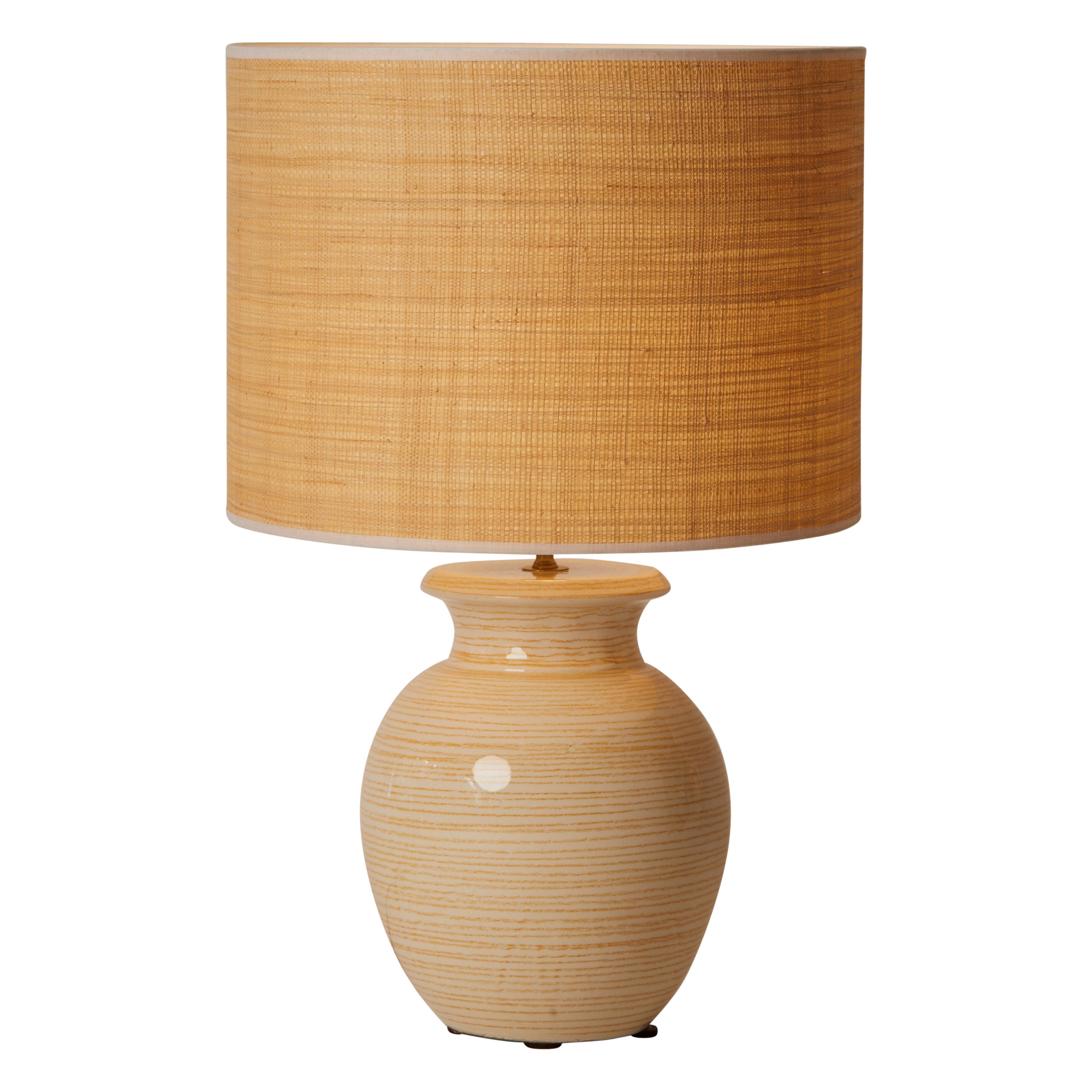 Lampe française des années 1970 en poterie à rayures jaunes/blances en vente