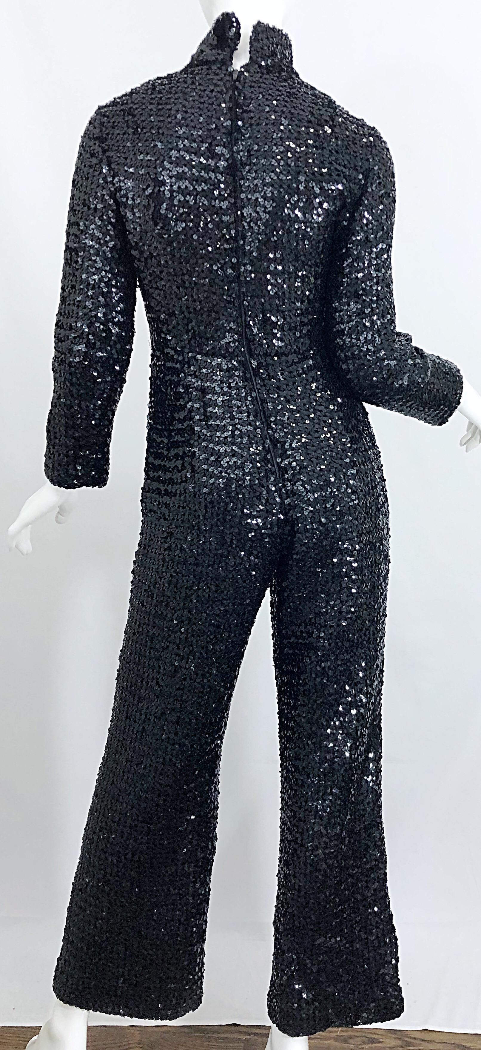 1970s Fully Sequined Black Long Sleeve Flared Leg Vintage 70s Jumpsuit  For Sale 3