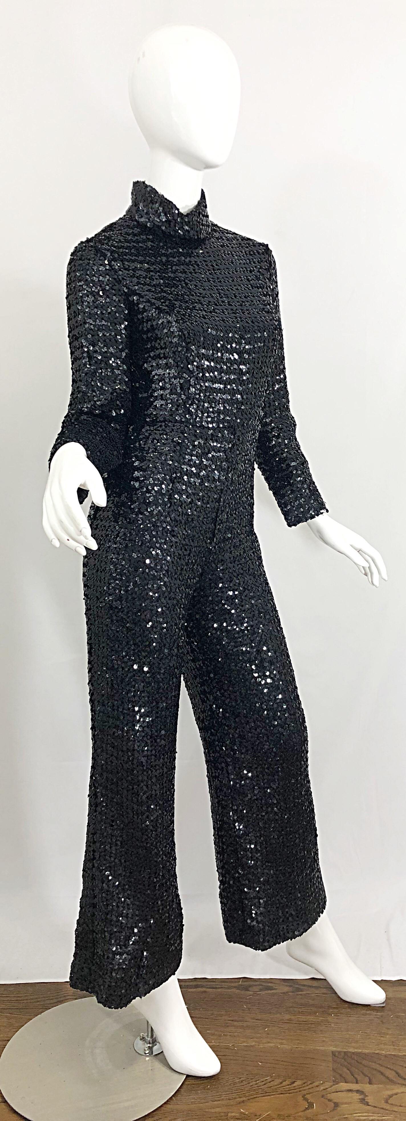1970s Fully Sequined Black Long Sleeve Flared Leg Vintage 70s Jumpsuit  For Sale 4
