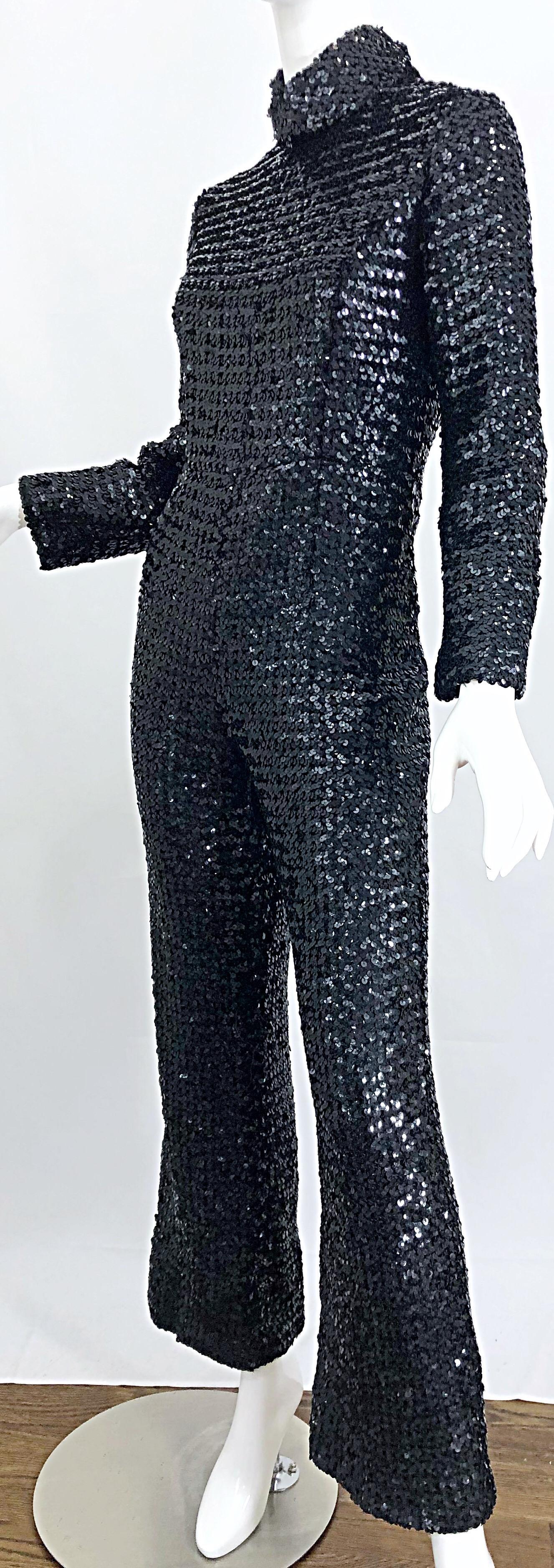 1970s Fully Sequined Black Long Sleeve Flared Leg Vintage 70s Jumpsuit  For Sale 5