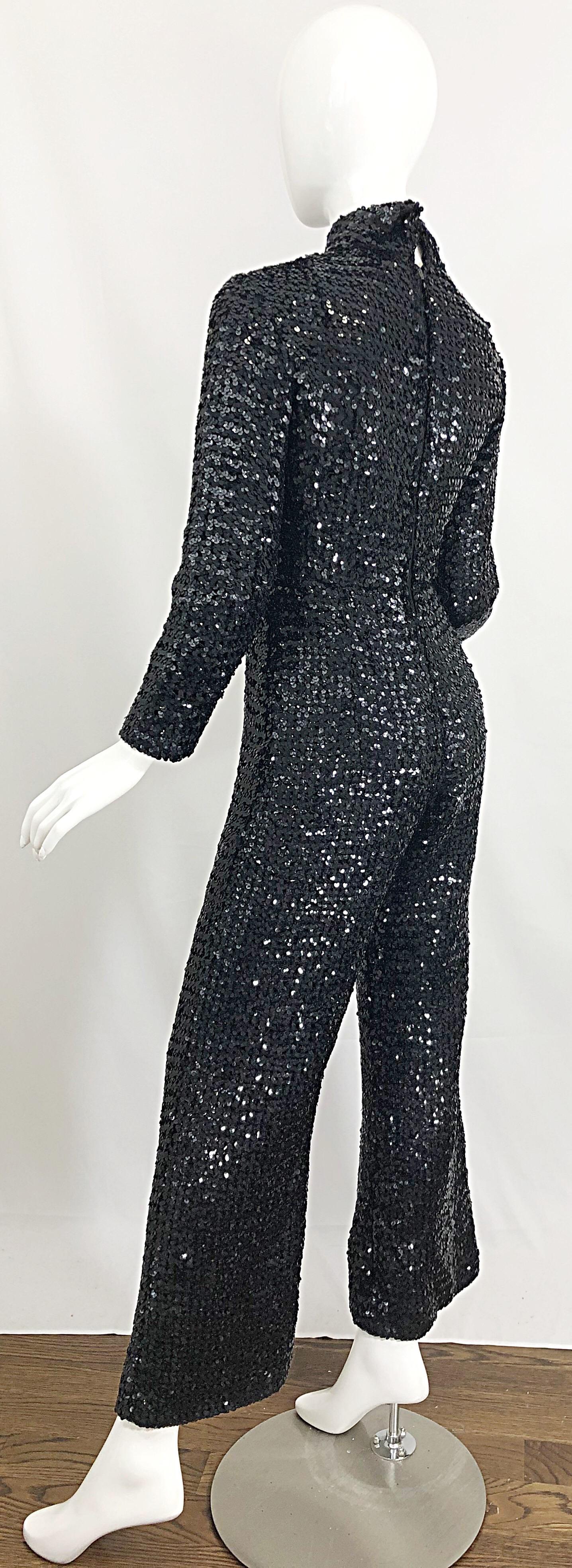 1970s Fully Sequined Black Long Sleeve Flared Leg Vintage 70s Jumpsuit  For Sale 6