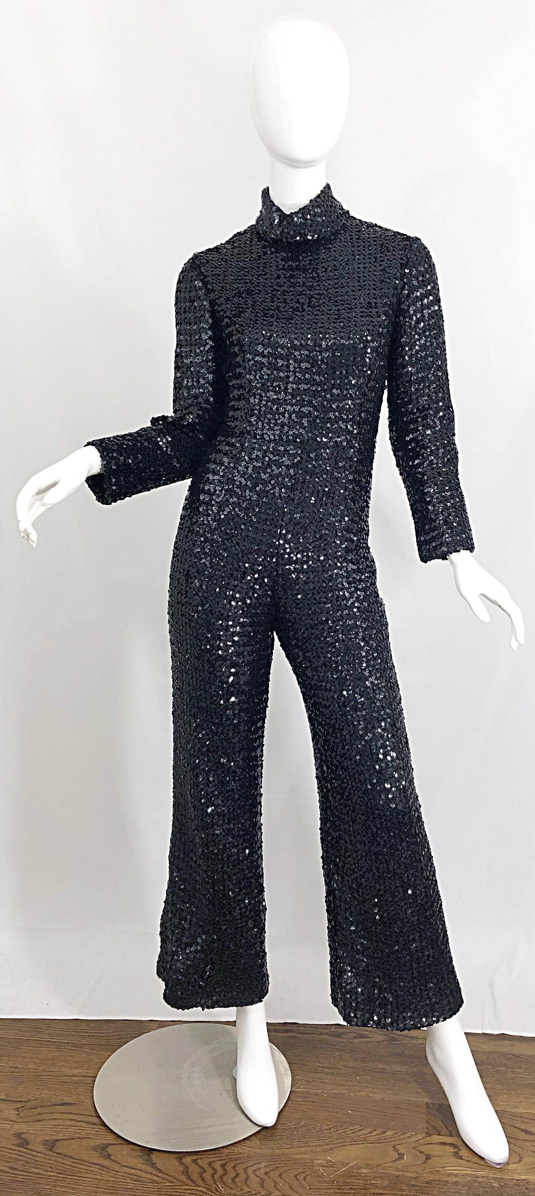 1970s Fully Sequined Black Long Sleeve Flared Leg Vintage 70s Jumpsuit  For Sale 7