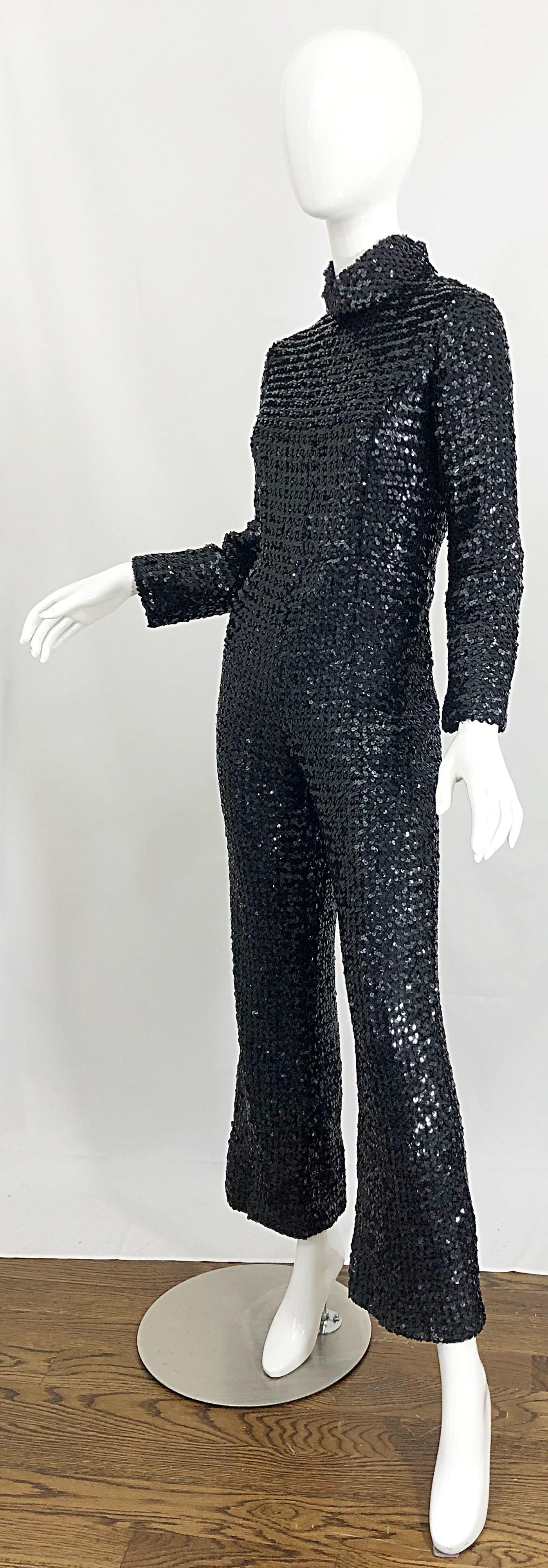 1970s Fully Sequined Black Long Sleeve Flared Leg Vintage 70s Jumpsuit  In Excellent Condition For Sale In San Diego, CA