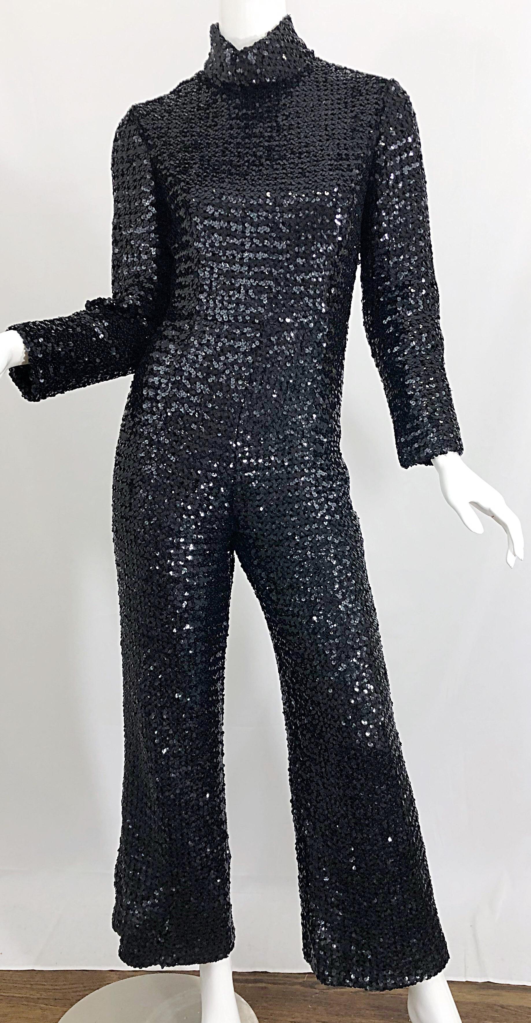 Women's 1970s Fully Sequined Black Long Sleeve Flared Leg Vintage 70s Jumpsuit  For Sale