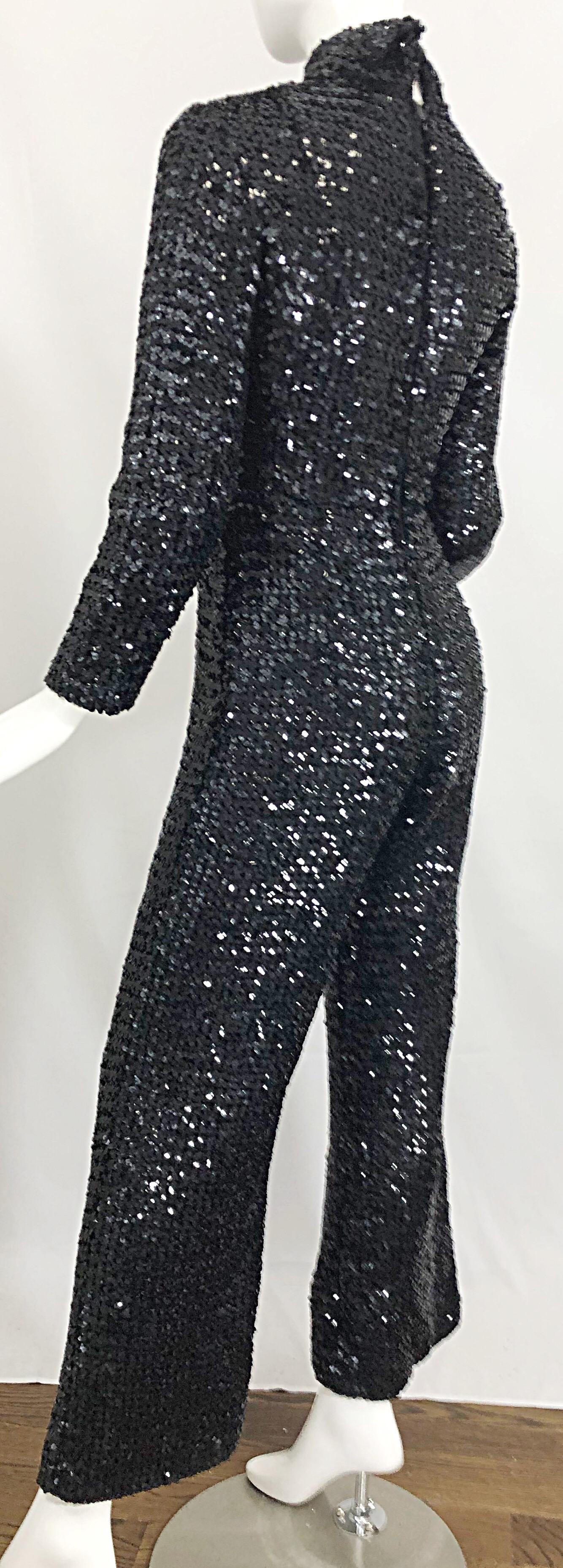 1970s Fully Sequined Black Long Sleeve Flared Leg Vintage 70s Jumpsuit  For Sale 1