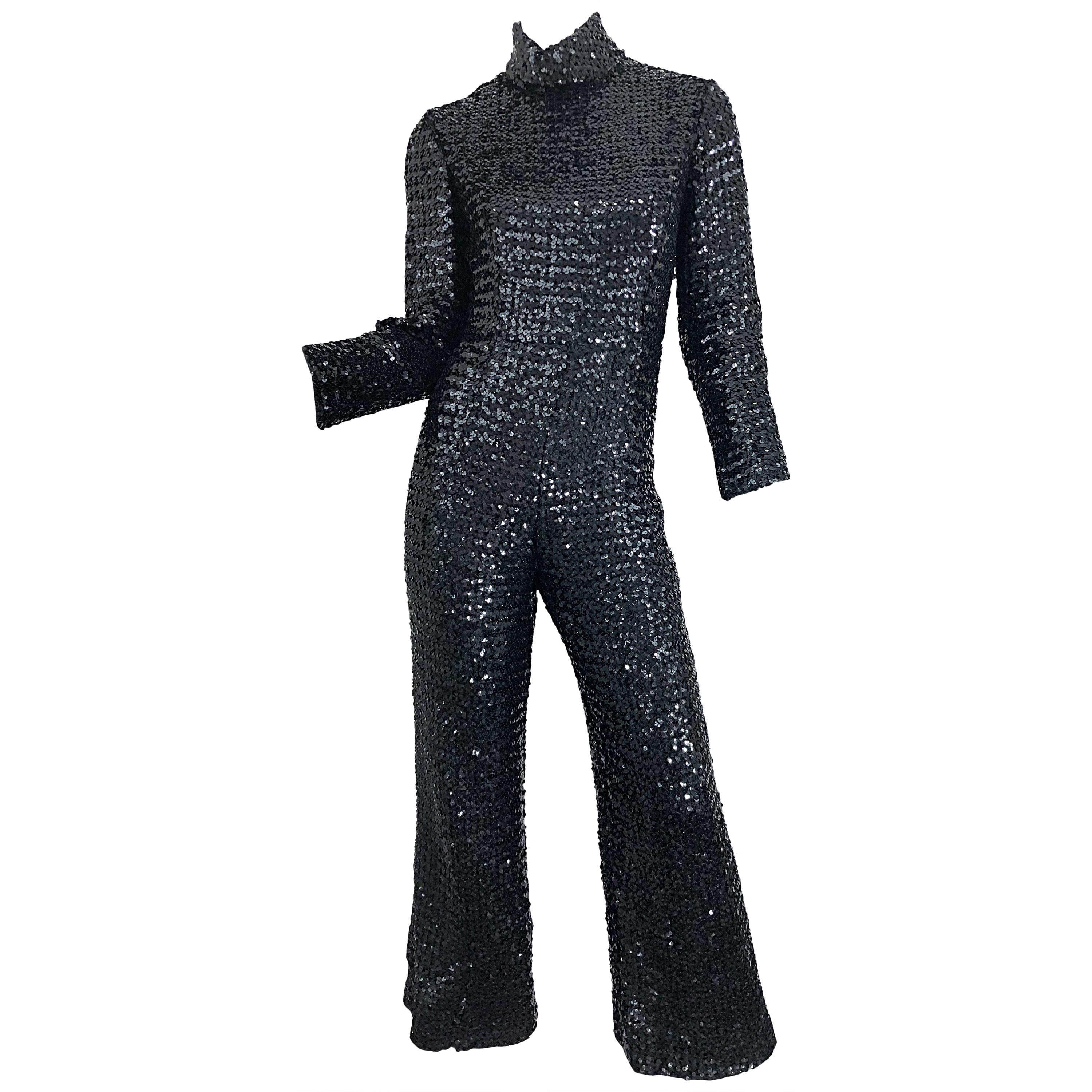 1970s Fully Sequined Black Long Sleeve Flared Leg Vintage 70s Jumpsuit  For Sale