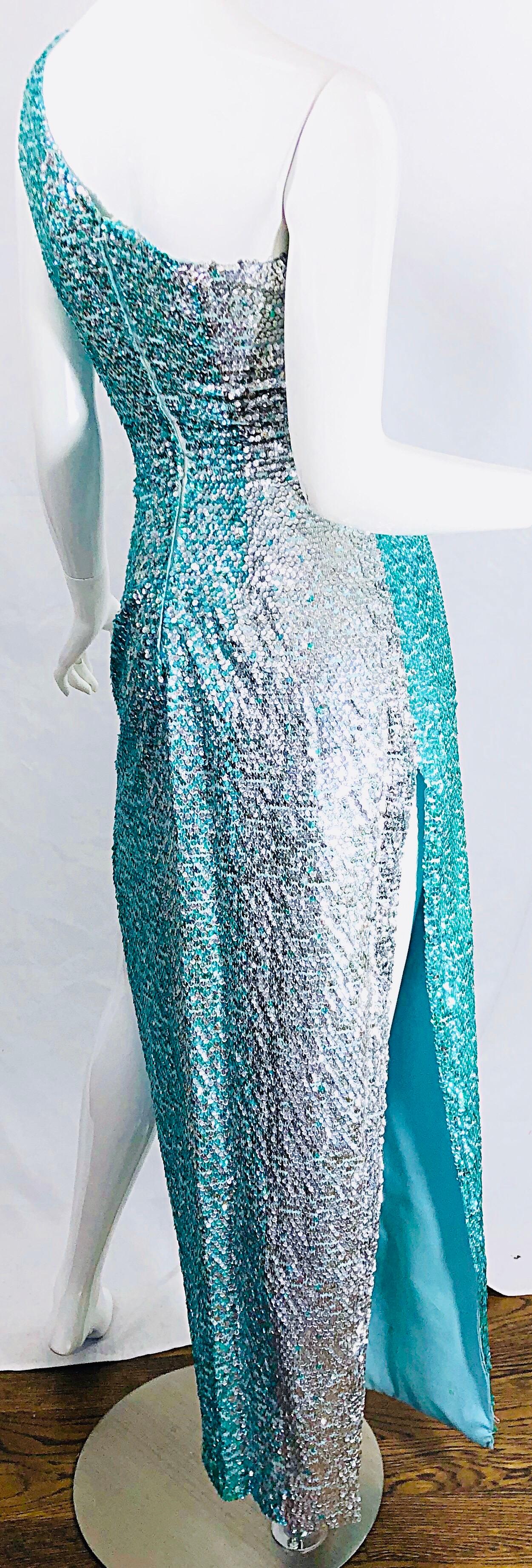 1970s Fully Sequined One Shoulder Sexy Ombre Aqua Silver Vintage 70s Gown Dress For Sale 5