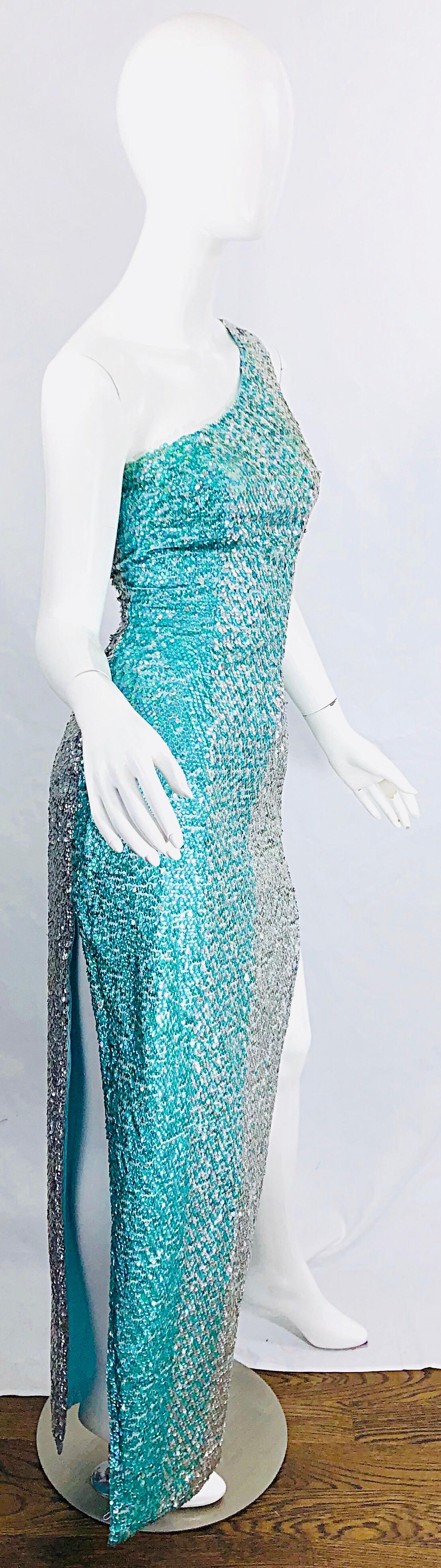 1970s Fully Sequined One Shoulder Sexy Ombre Aqua Silver Vintage 70s Gown Dress For Sale 6