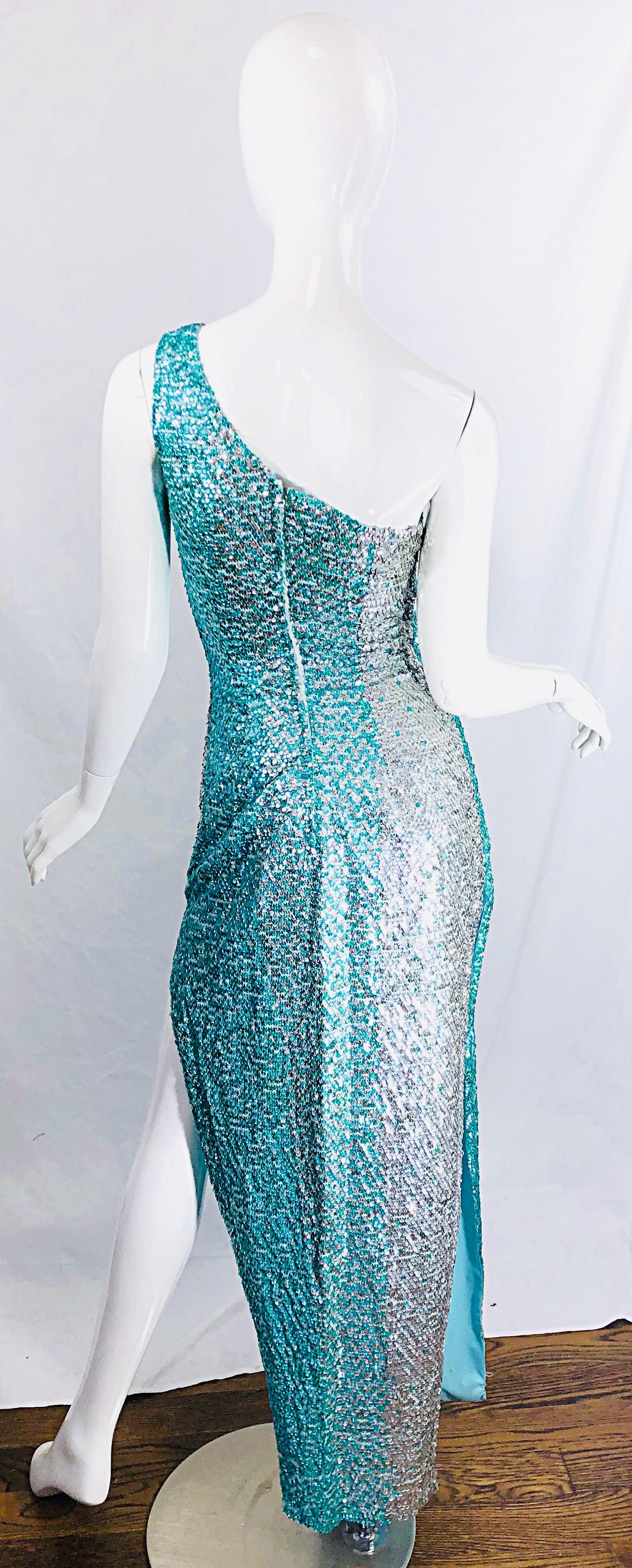 1970s Fully Sequined One Shoulder Sexy Ombre Aqua Silver Vintage 70s Gown Dress For Sale 7