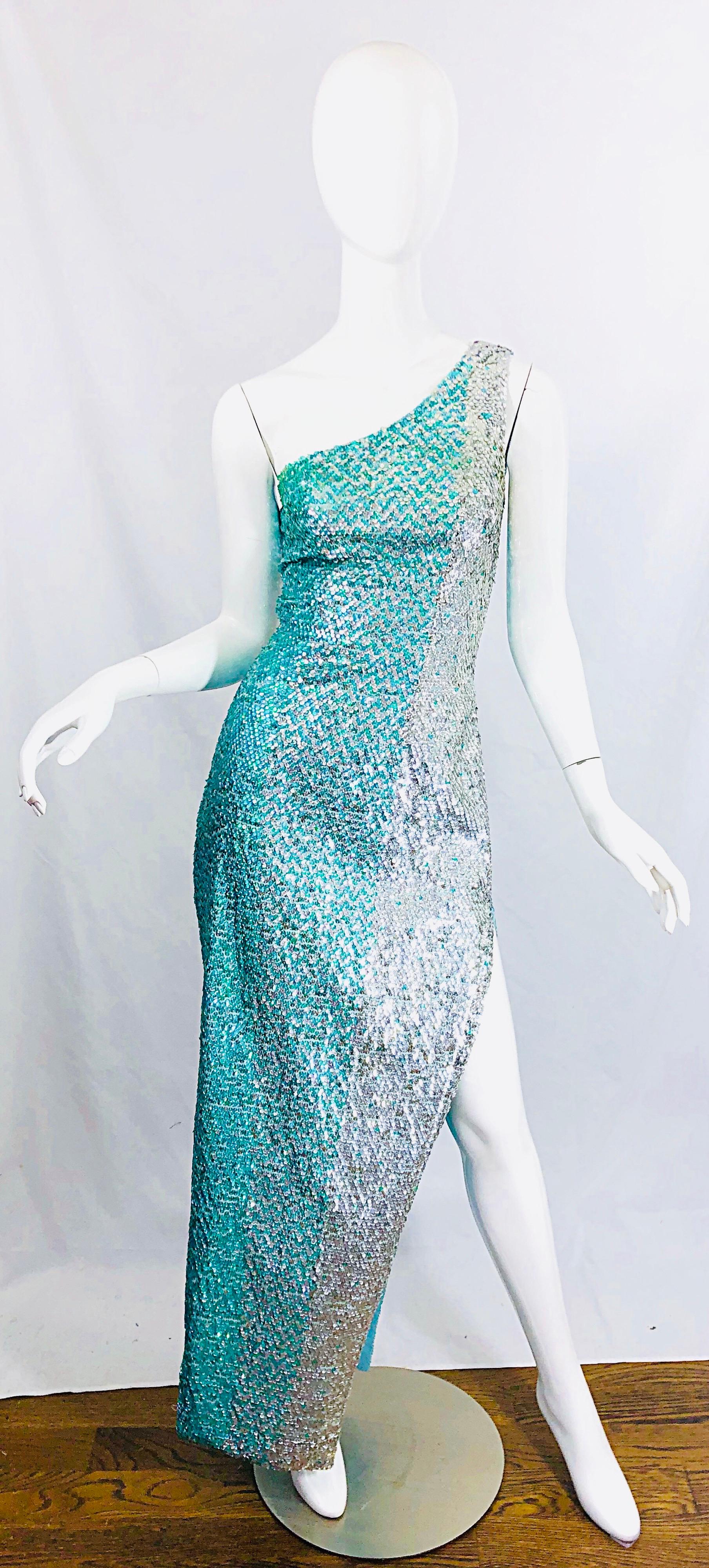 1970s Fully Sequined One Shoulder Sexy Ombre Aqua Silver Vintage 70s Gown Dress For Sale 8