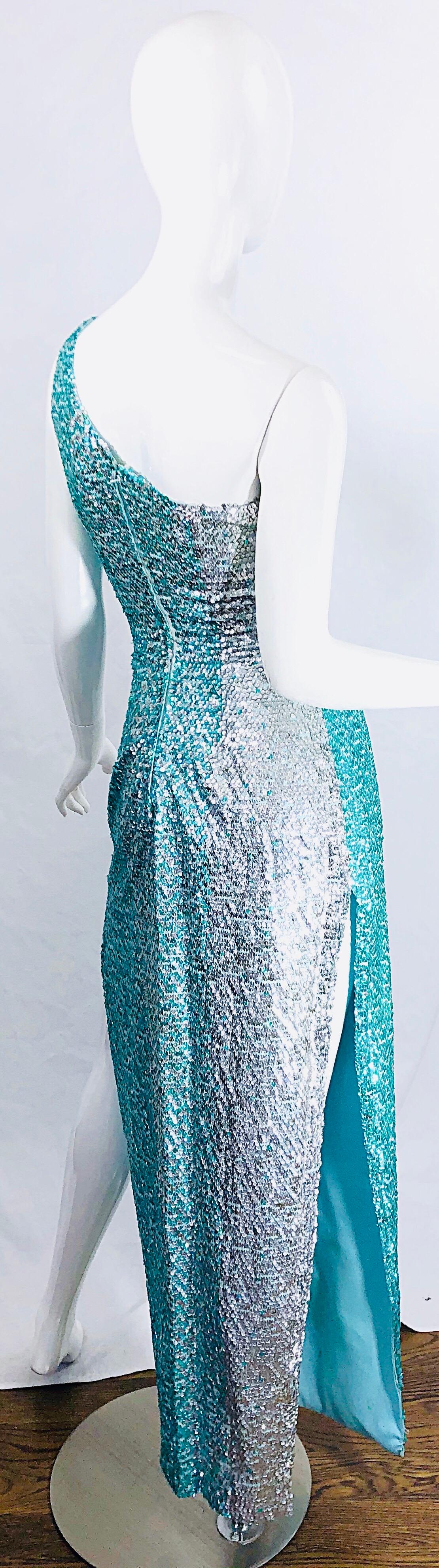 1970s Fully Sequined One Shoulder Sexy Ombre Aqua Silver Vintage 70s Gown Dress In Good Condition For Sale In San Diego, CA