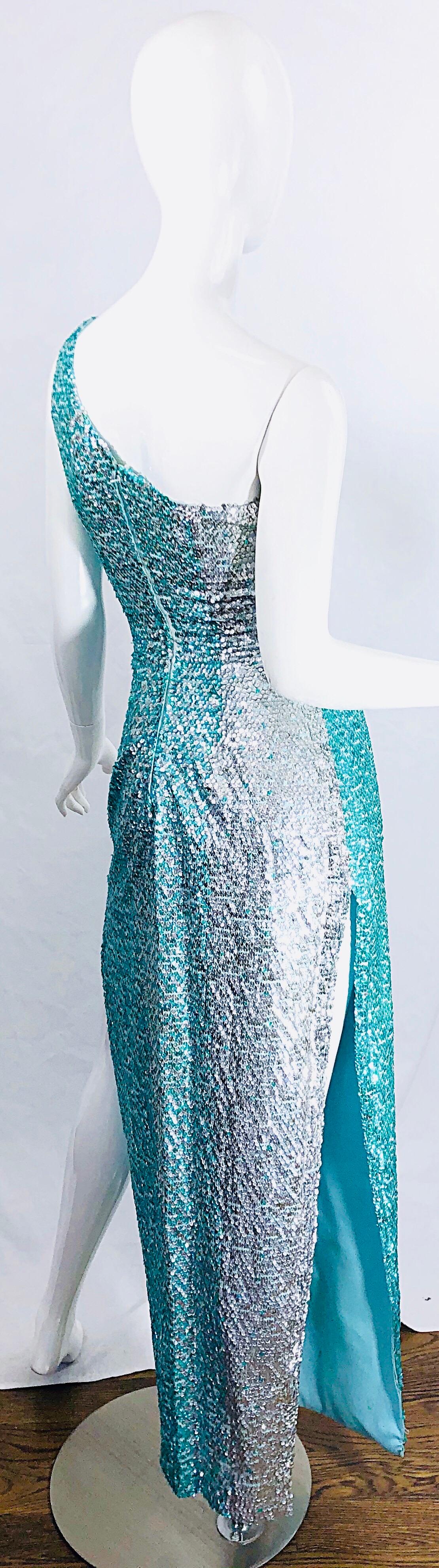Abito anni '70 completamente paillettato monospalla Sexy Ombre Aqua Silver Vintage 70s Dress In condizioni buone in vendita a San Diego, CA