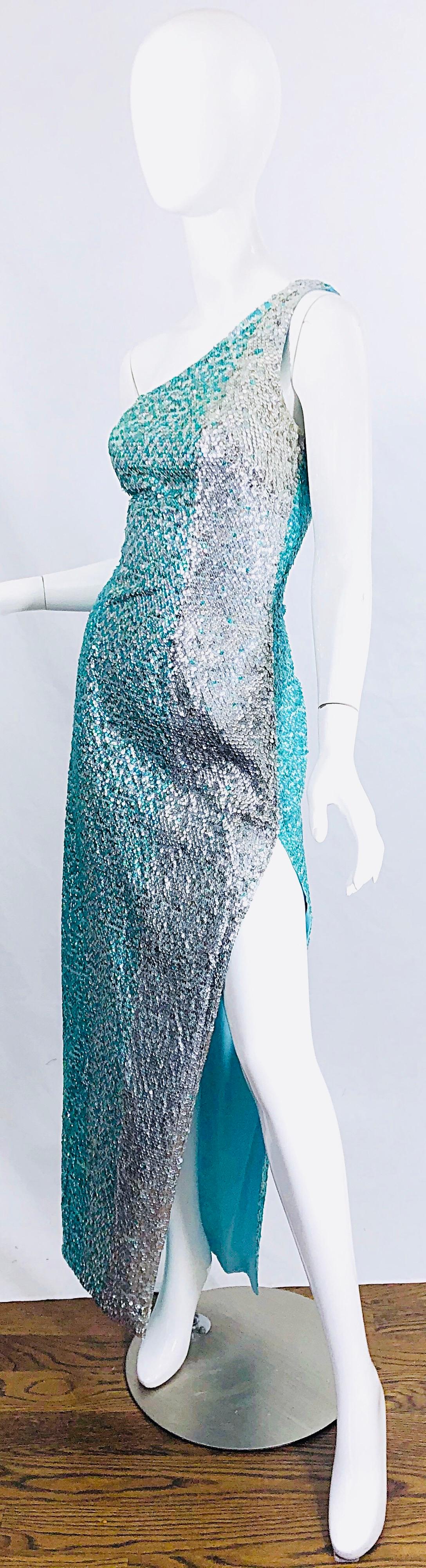 Women's 1970s Fully Sequined One Shoulder Sexy Ombre Aqua Silver Vintage 70s Gown Dress For Sale