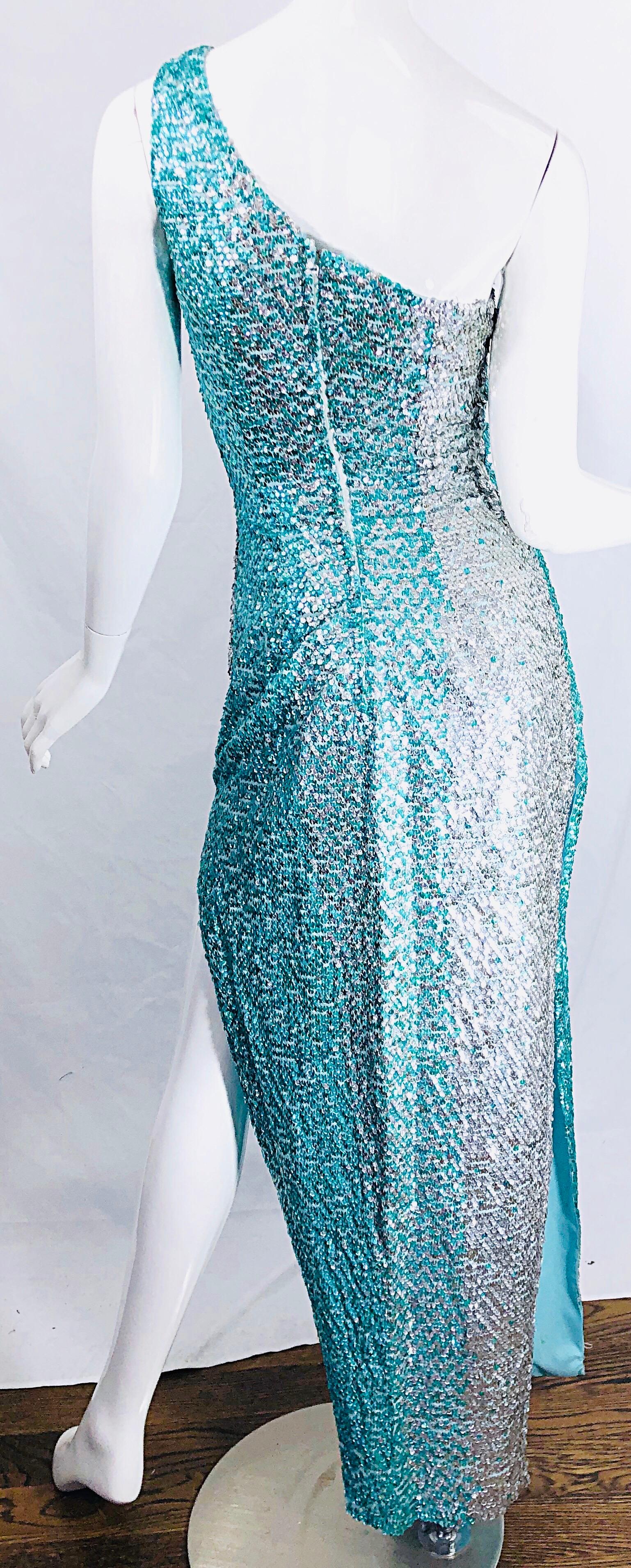 1970s Fully Sequined One Shoulder Sexy Ombre Aqua Silver Vintage 70s Gown Dress For Sale 1
