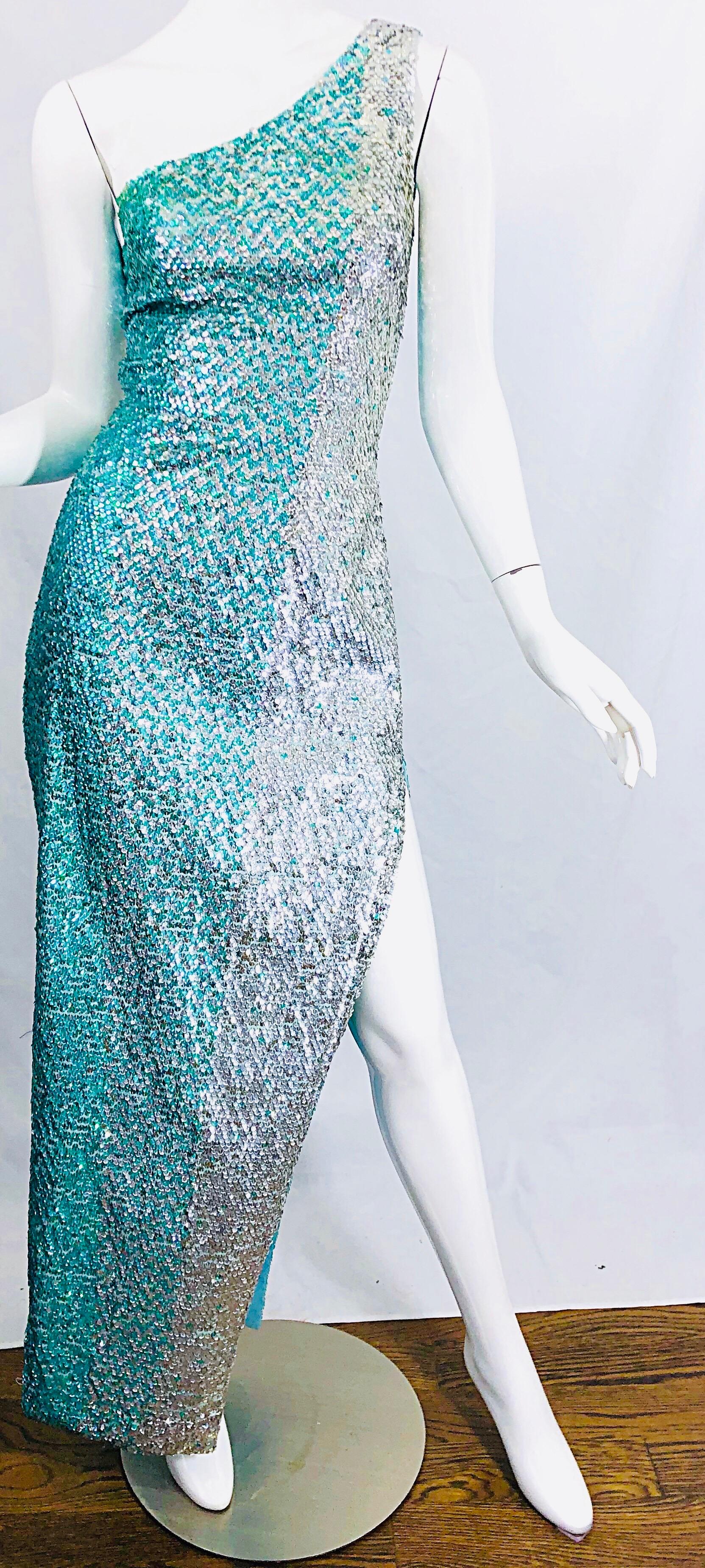 1970s Fully Sequined One Shoulder Sexy Ombre Aqua Silver Vintage 70s Gown Dress For Sale 2