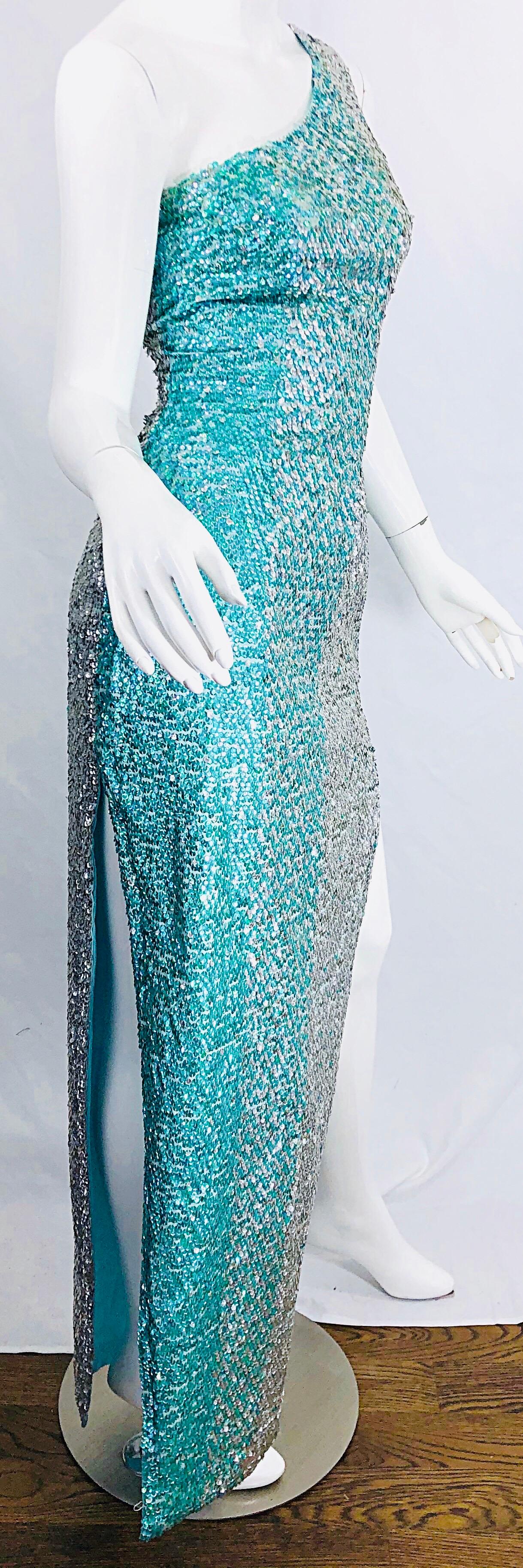 1970s Fully Sequined One Shoulder Sexy Ombre Aqua Silver Vintage 70s Gown Dress For Sale 3