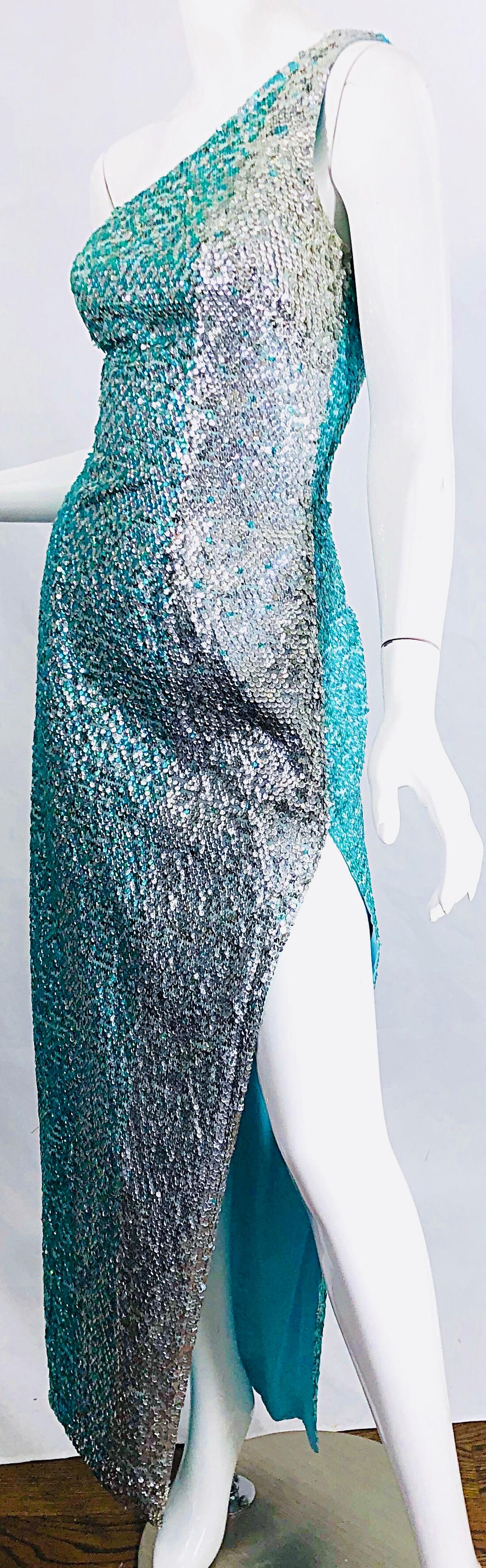 1970s Fully Sequined One Shoulder Sexy Ombre Aqua Silver Vintage 70s Gown Dress For Sale 4