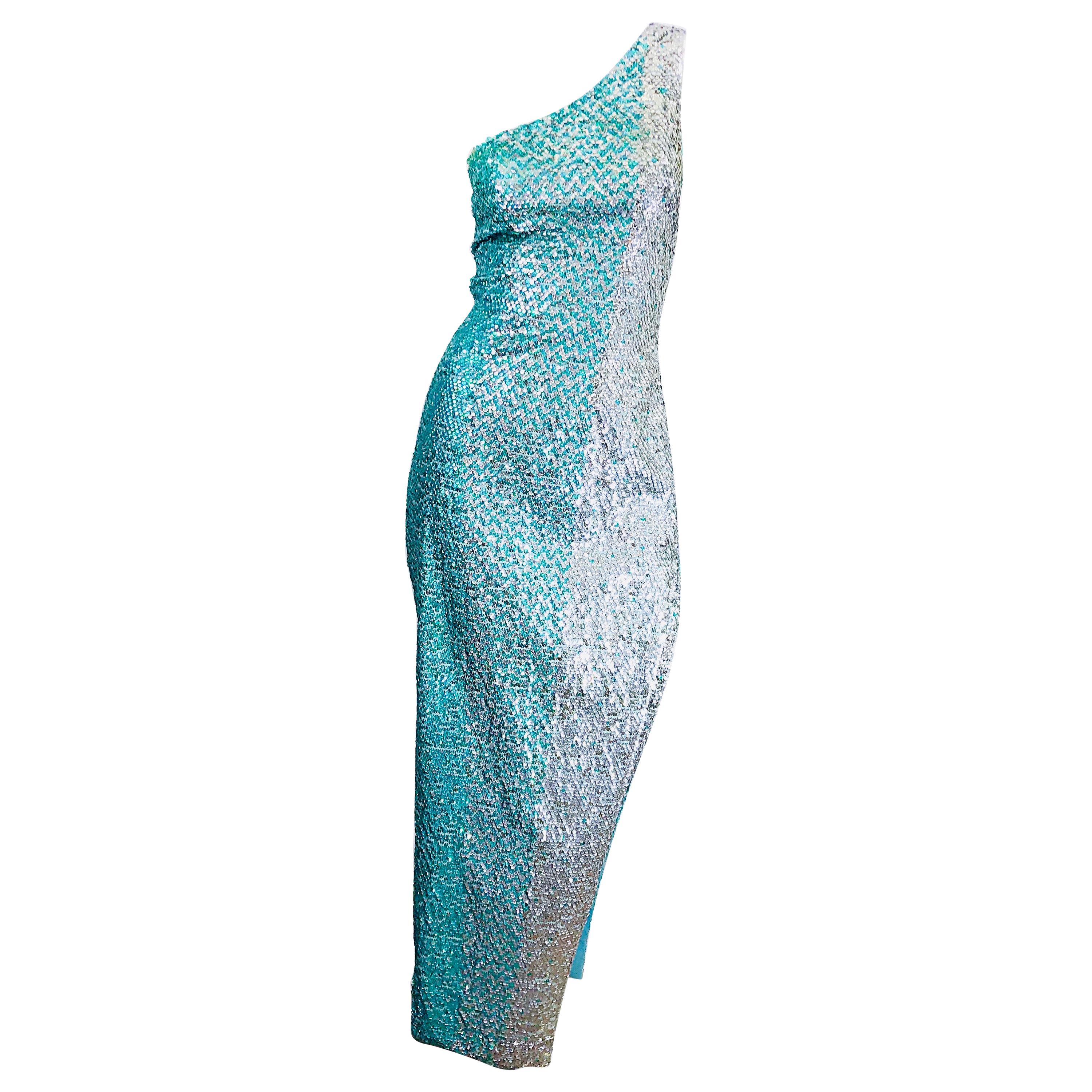 1970s Fully Sequined One Shoulder Sexy Ombre Aqua Silver Vintage 70s Gown Dress For Sale