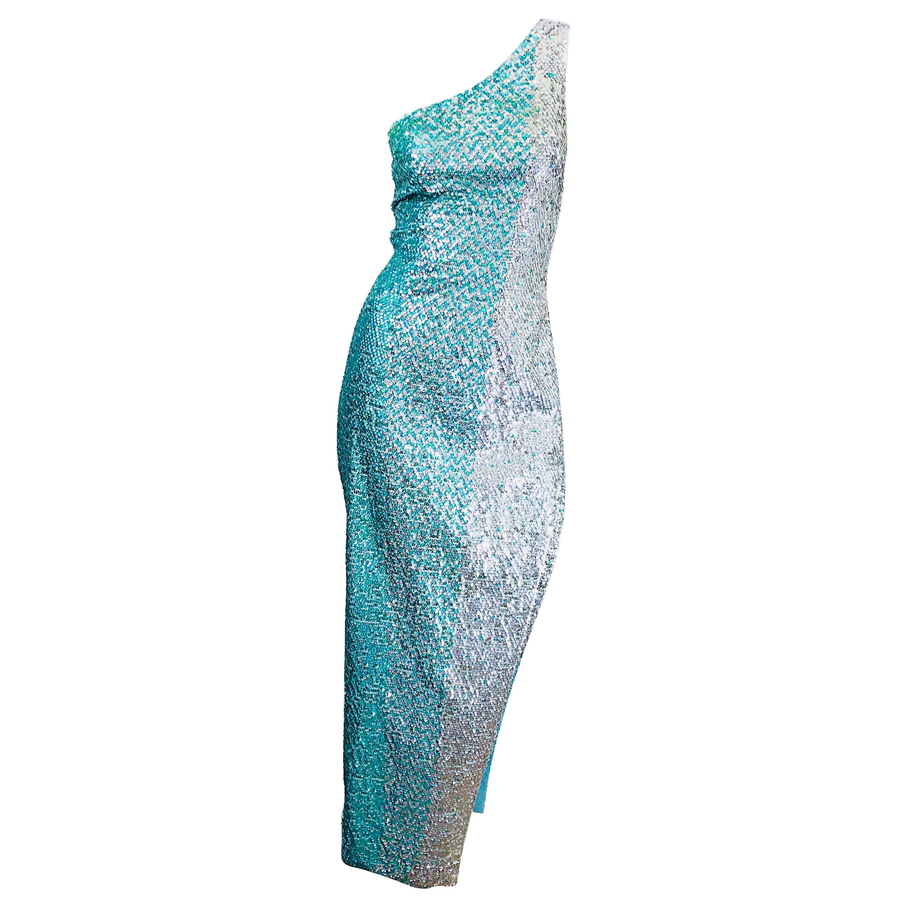 Abito anni '70 completamente paillettato monospalla Sexy Ombre Aqua Silver Vintage 70s Dress in vendita