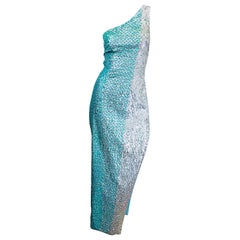 1970s Fully Sequined One Shoulder Sexy Ombre Aqua Silver Retro 70s Gown Dress