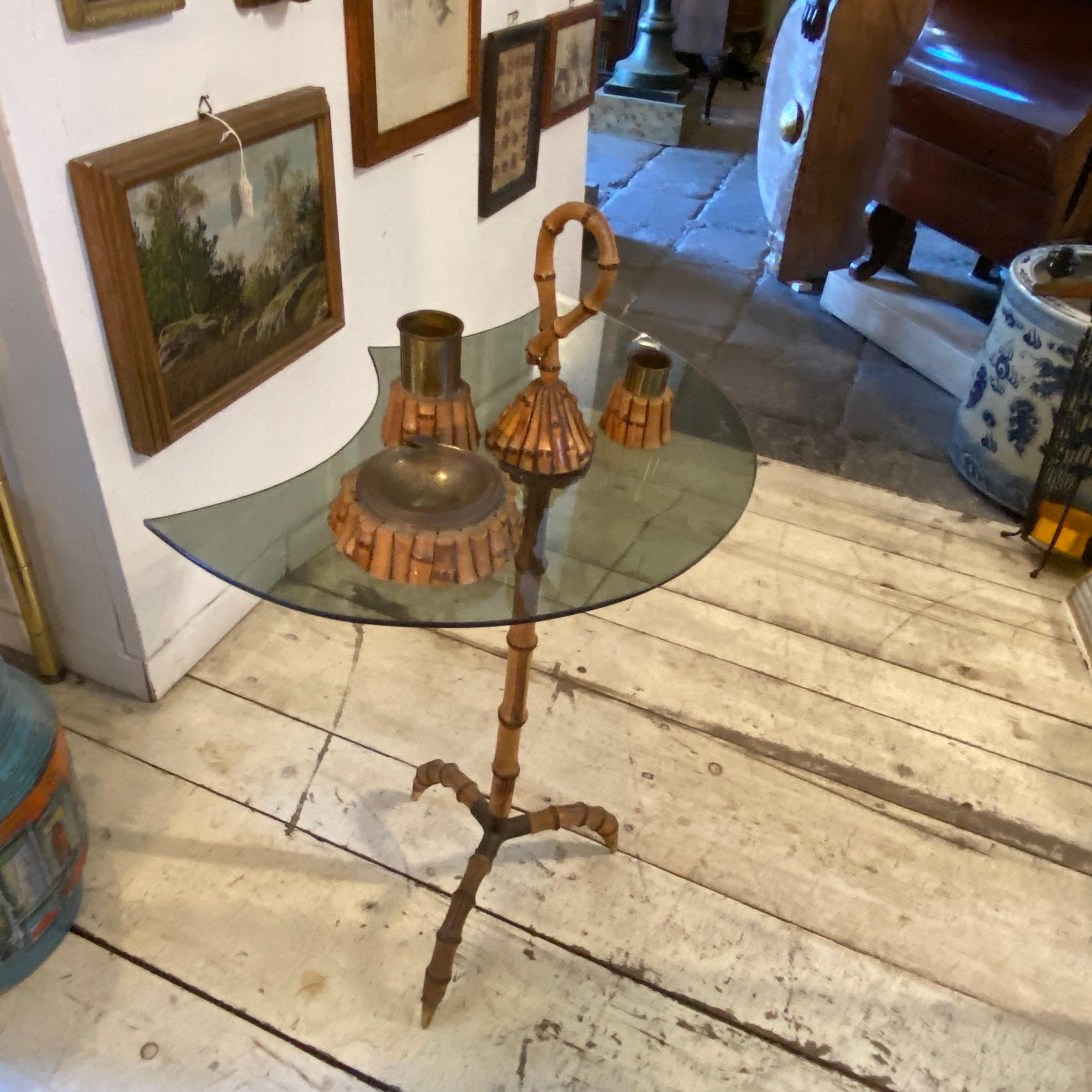 Hand-Carved 1970s Gabriella Crespi Style Mid-Century Modern Bamboo and Brass Smoking Table