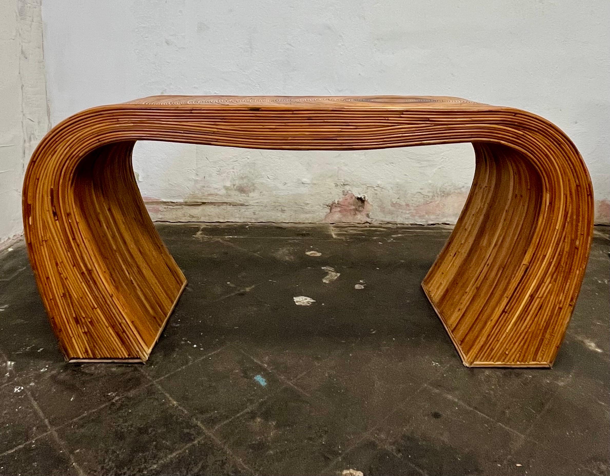 Fabulous, 1970s Italian Gabriella Crespi style curved, pencil reed-rattan console table with a circular pattern. Superb construction and heavy piece.
Curbside to NYC/Philly $450