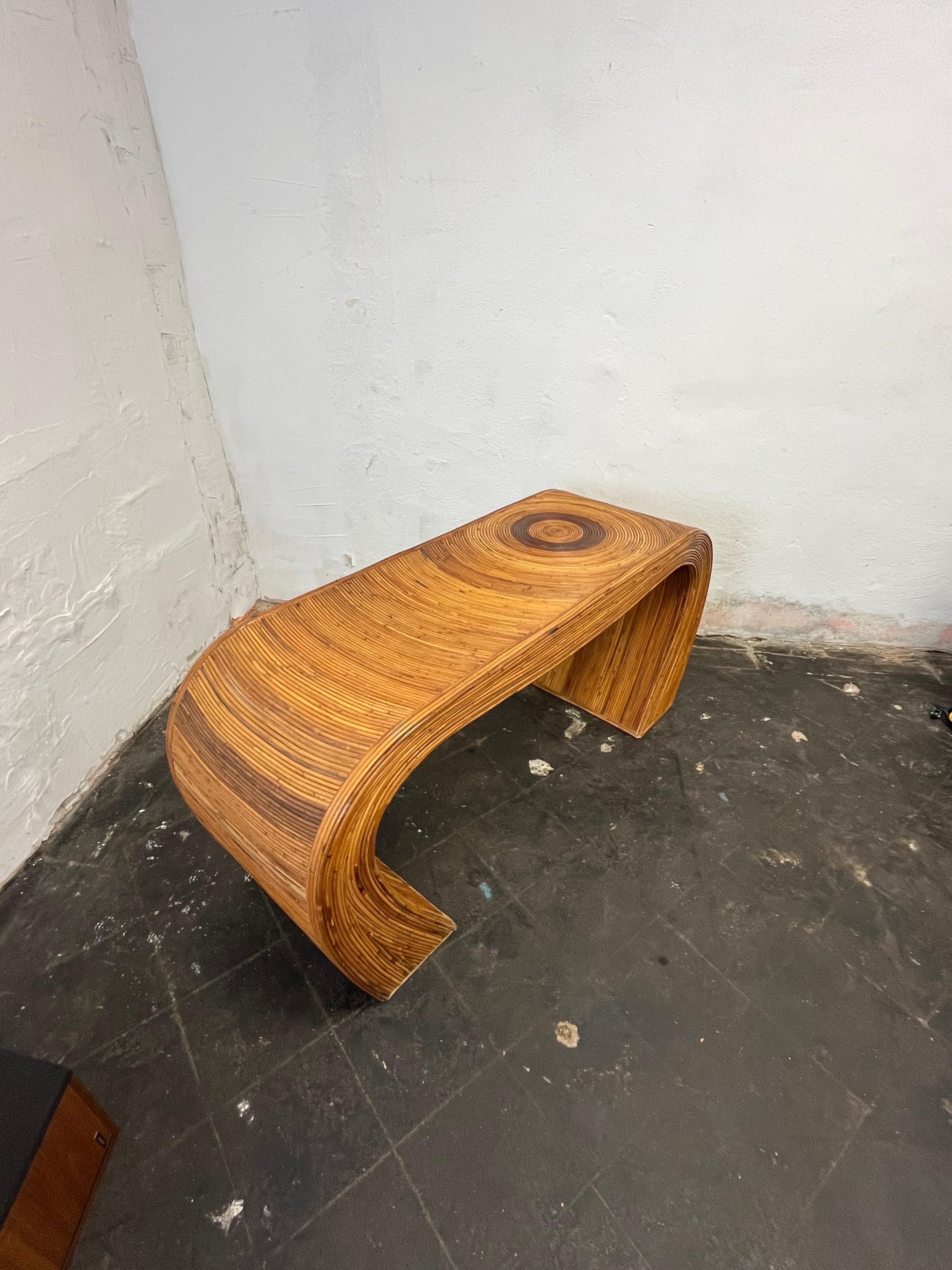 Mid-Century Modern 1970s Gabriella Crespi Style Curved Pencil Reed Rattan Console Table For Sale