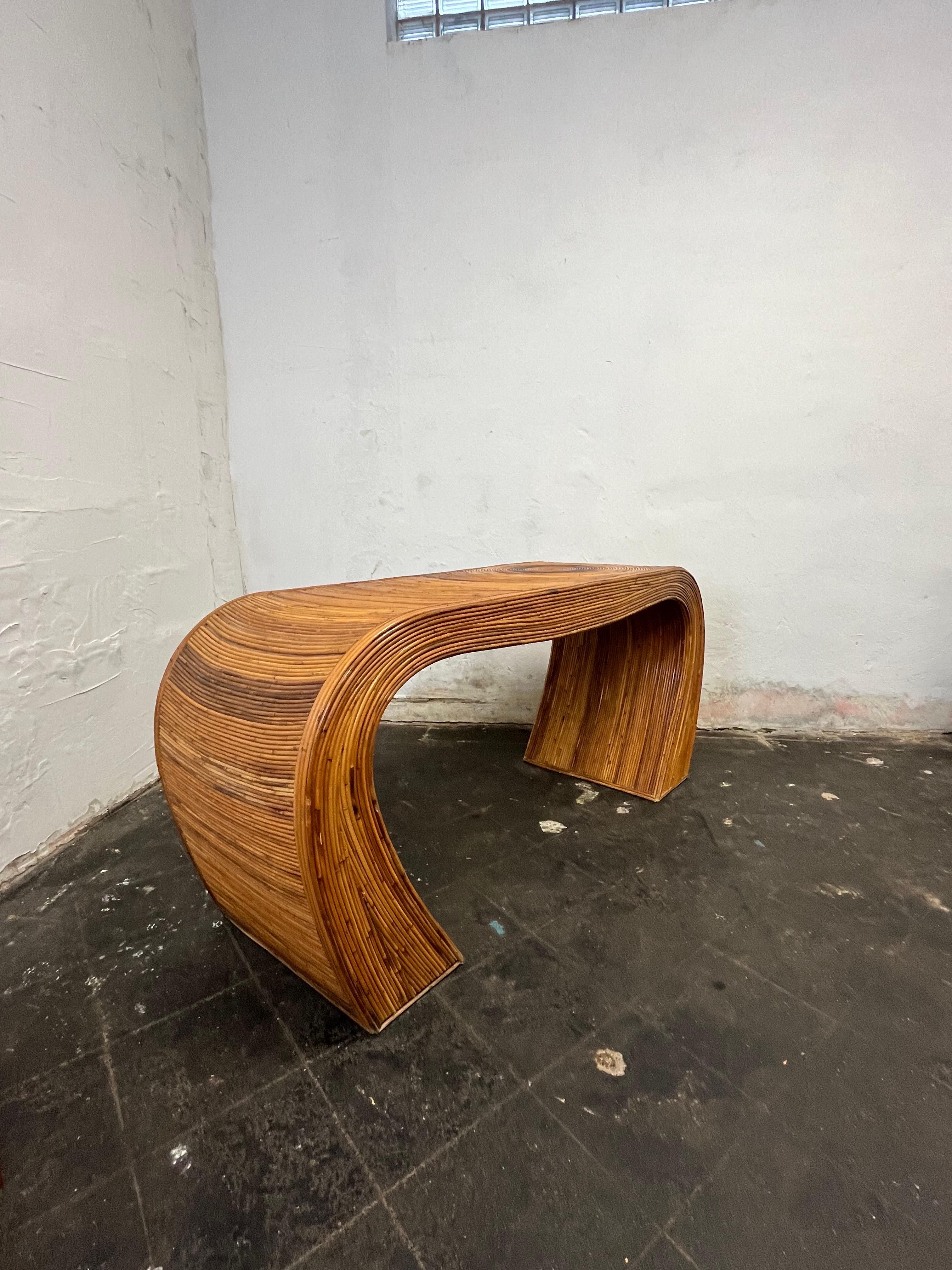 1970s Gabriella Crespi Style Curved Pencil Reed Rattan Console Table In Good Condition For Sale In W Allenhurst, NJ