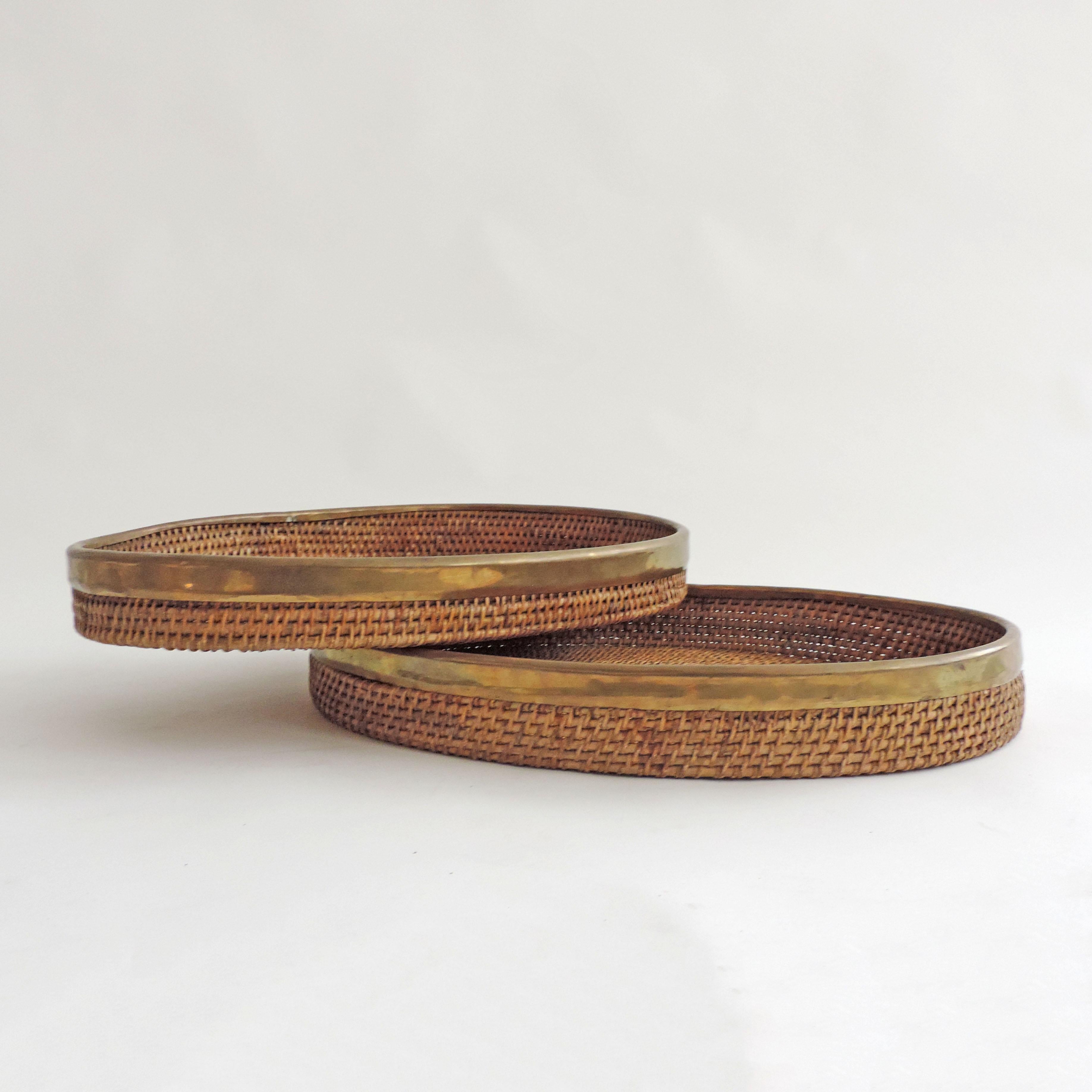 1970s Gabriella Crespi style large nesting brass and rattan bamboo oval trays.