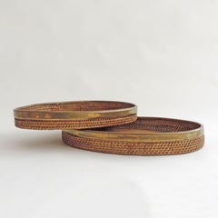 1970s  Large Nesting Brass and Rattan Bamboo Oval Trays