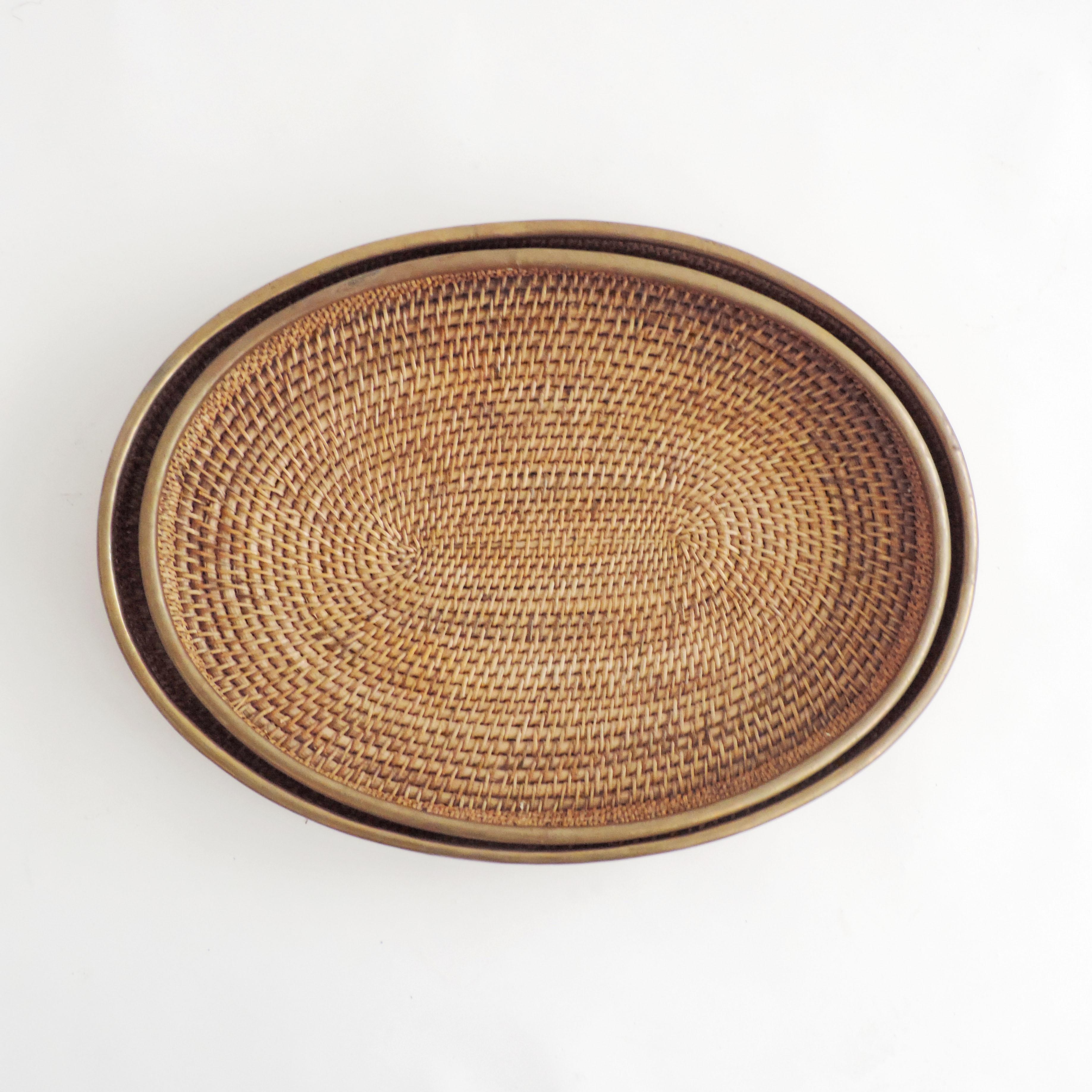 Modern 1970s  Large Nesting Brass and Rattan Bamboo Oval Trays