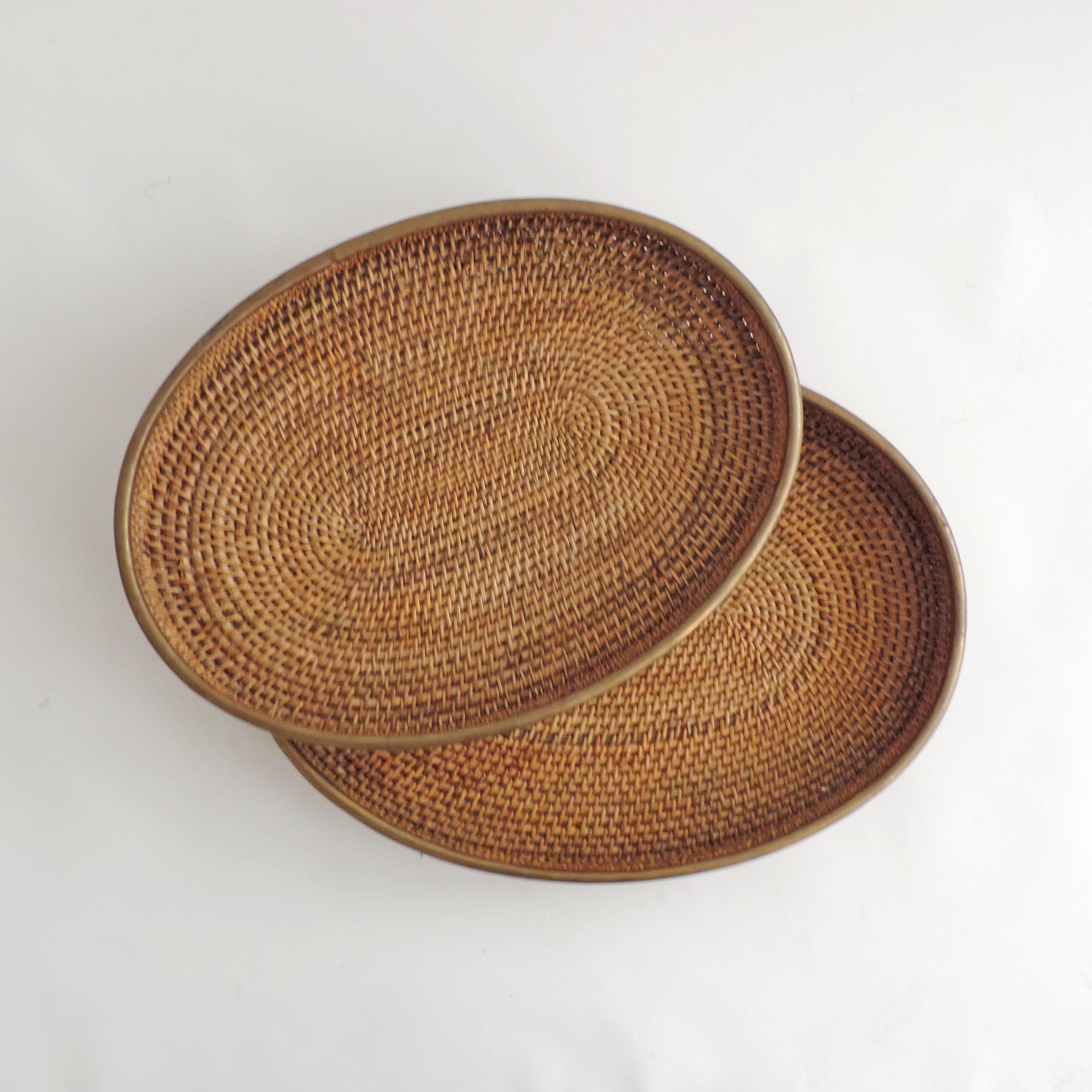 Italian 1970s  Large Nesting Brass and Rattan Bamboo Oval Trays