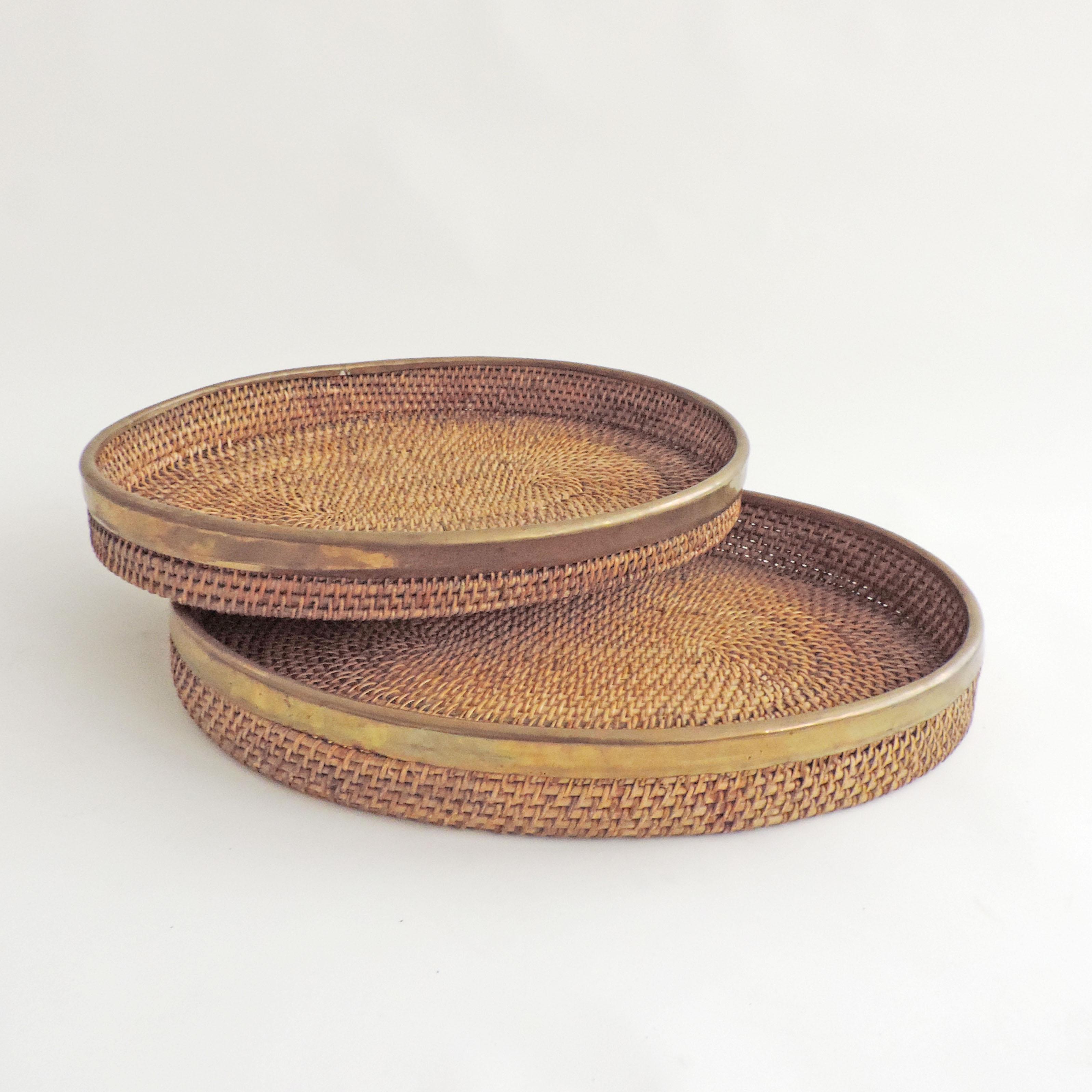 1970s  Large Nesting Brass and Rattan Bamboo Oval Trays In Good Condition In Milan, IT