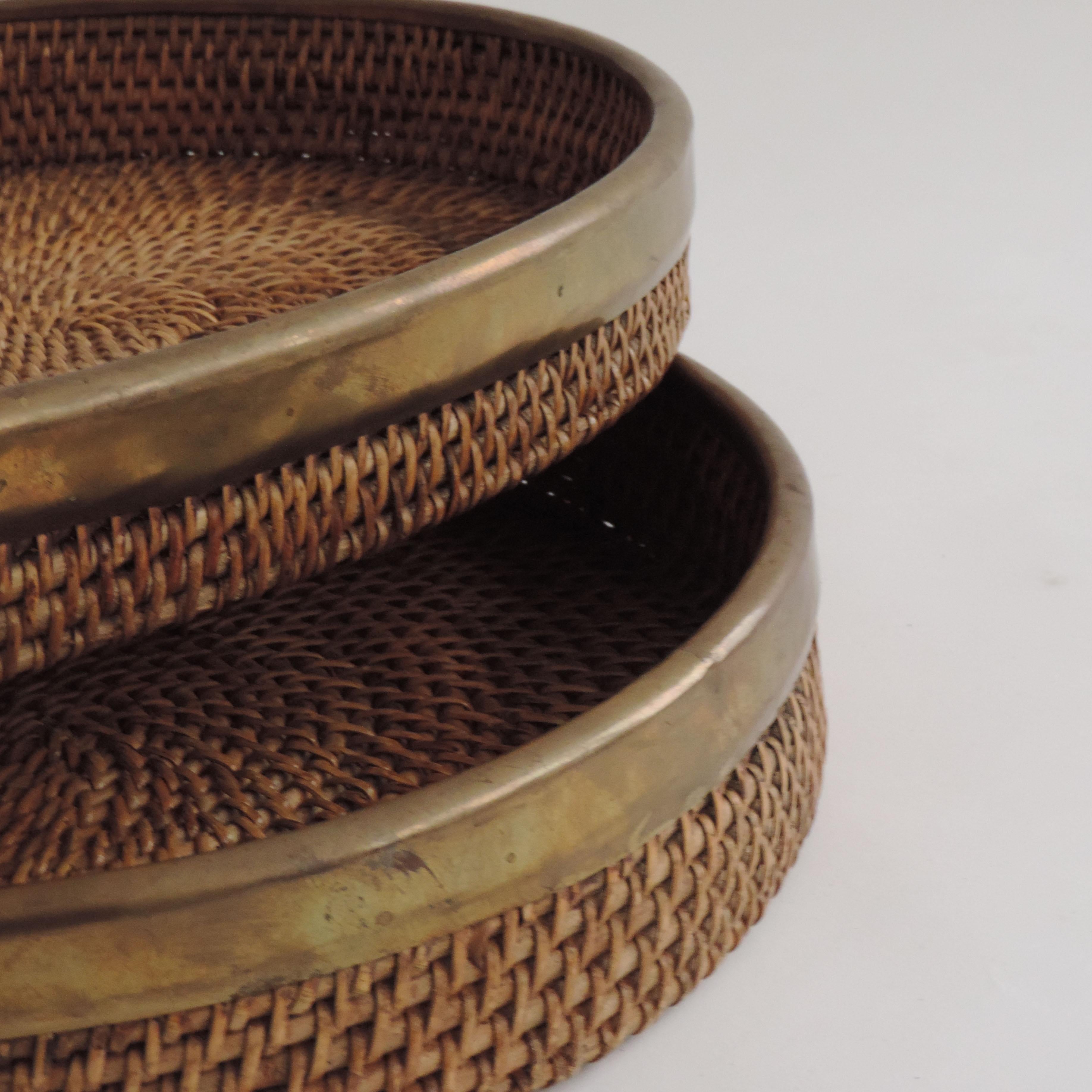 1970s  Large Nesting Brass and Rattan Bamboo Oval Trays 1