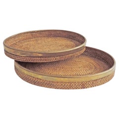 1970s  Large Nesting Brass and Rattan Bamboo Oval Trays