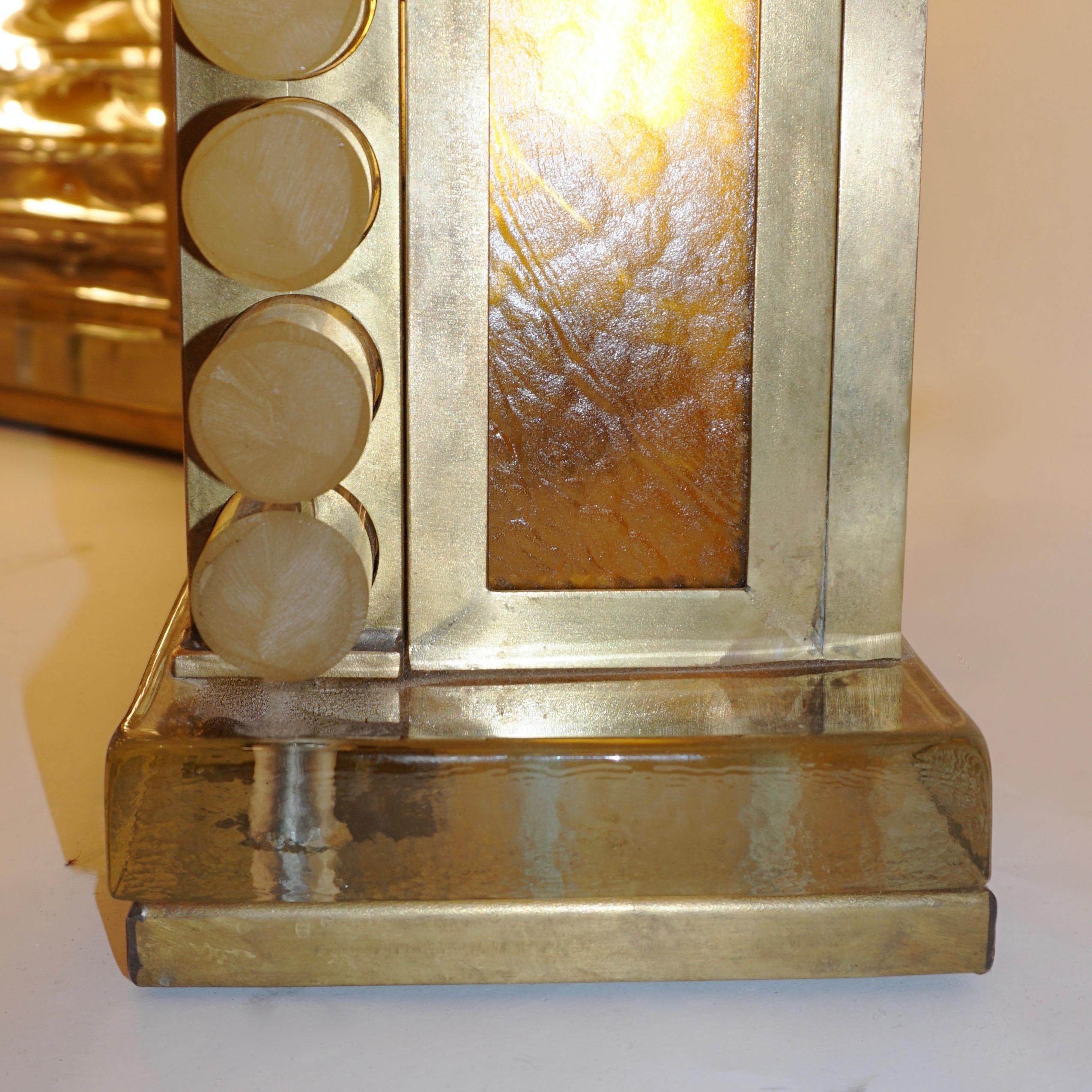 1970s Italian Postmodern Pair of Gold Brass and Crystal Glass Urban Design Lamps For Sale 2