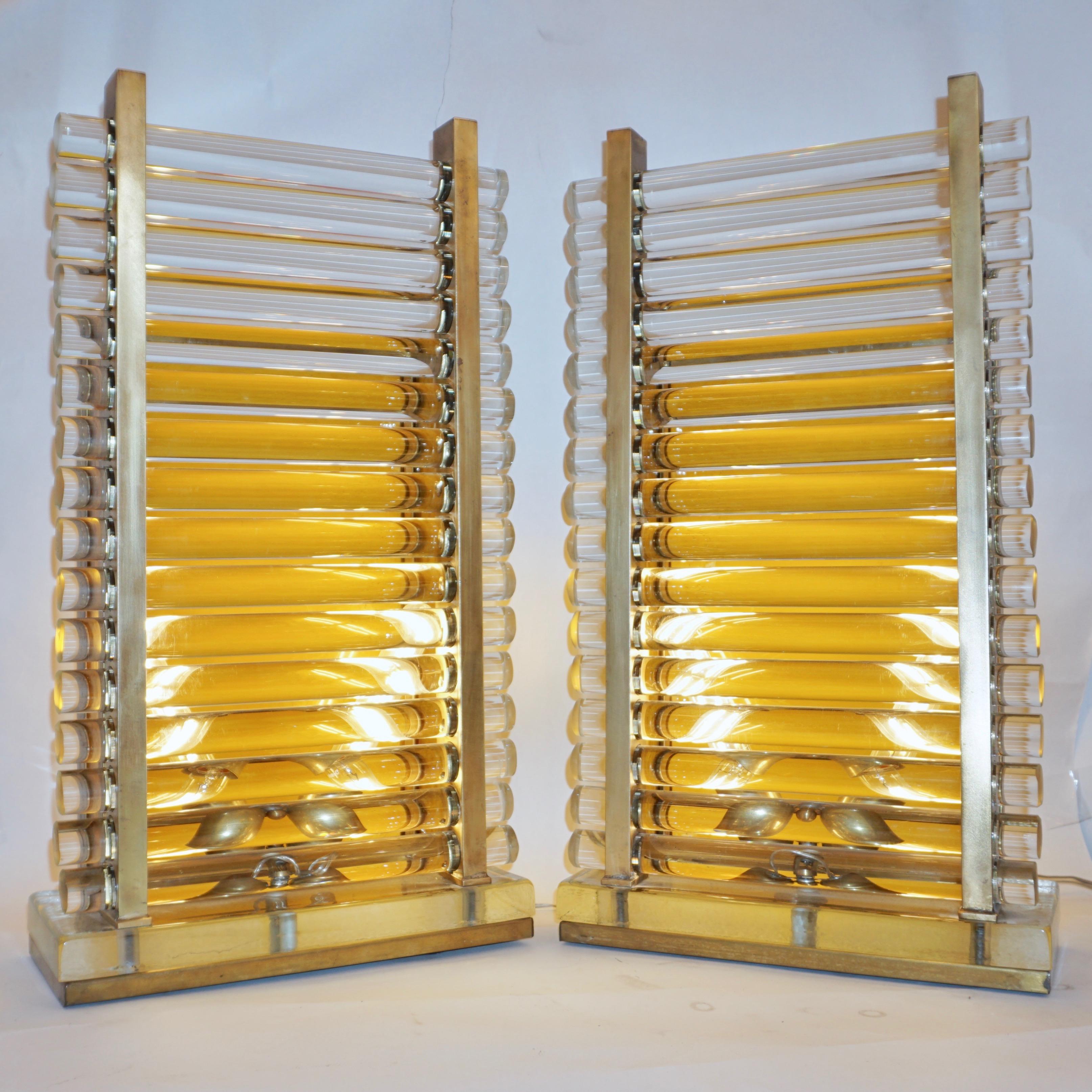 1970s Italian Postmodern Pair of Gold Brass and Crystal Glass Urban Design Lamps For Sale 3