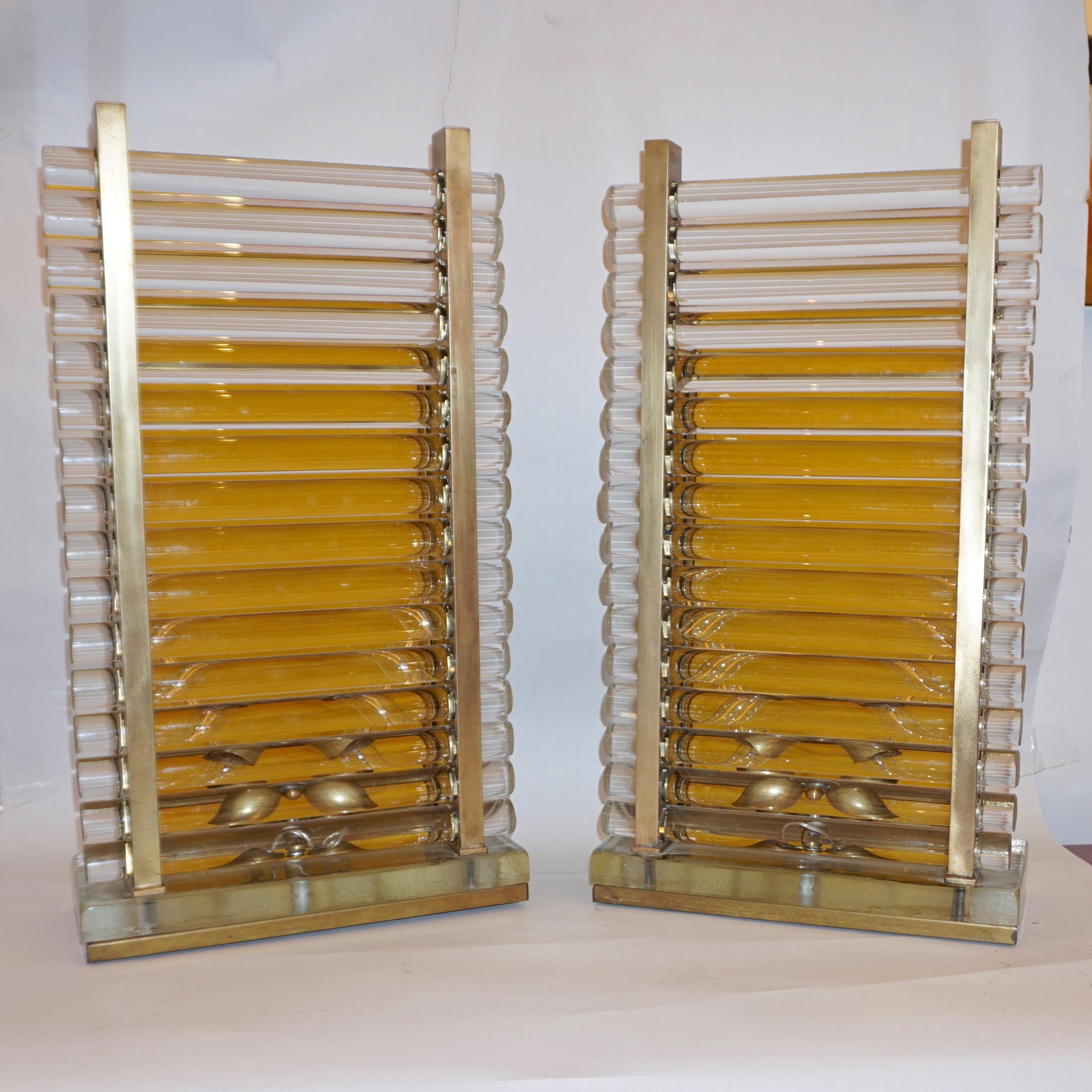 1970s Italian Postmodern Pair of Gold Brass and Crystal Glass Urban Design Lamps For Sale 5