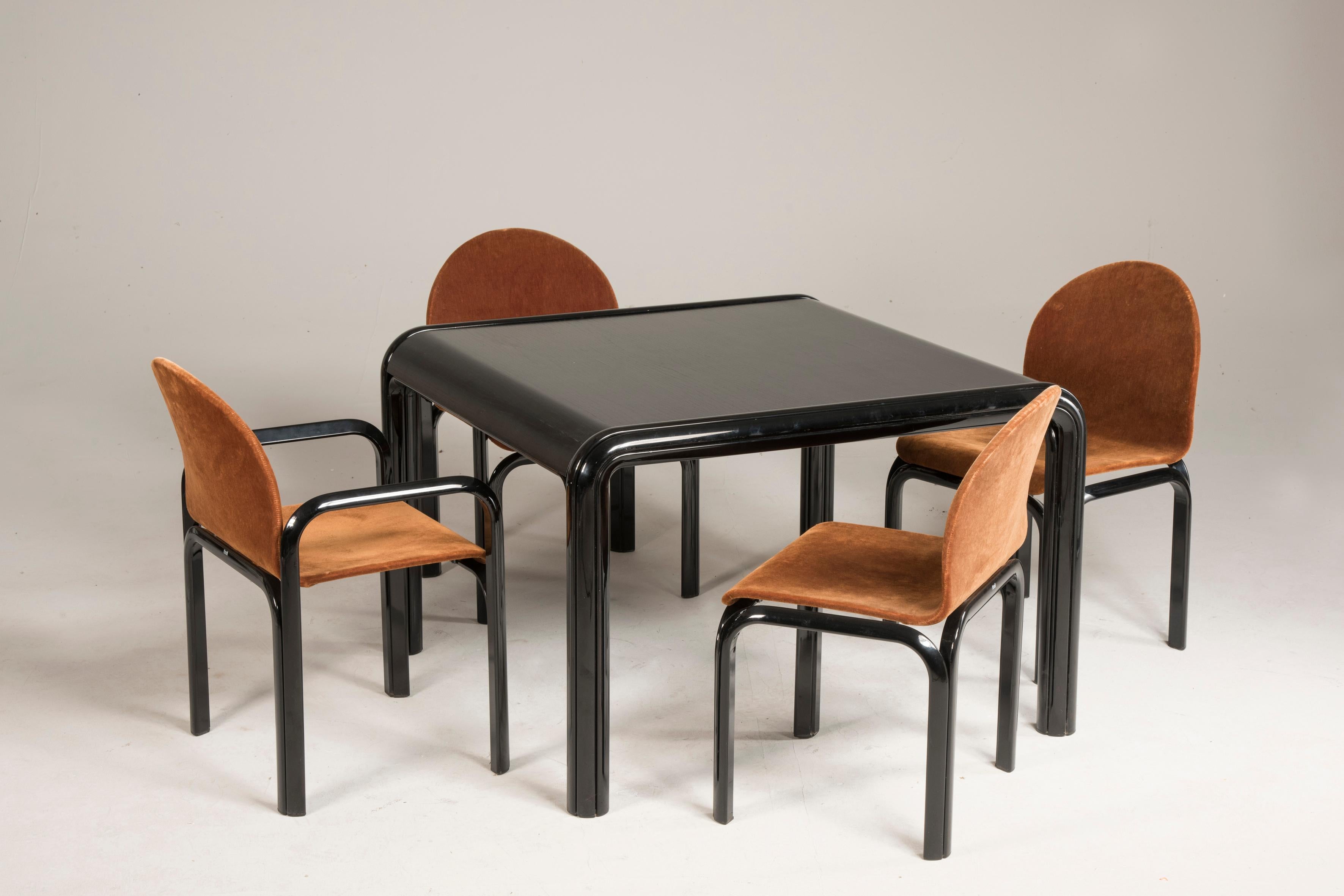 Modern 1970s Gae Aulenti Knoll Squared Black Wood Table Four Brown Velvet Chairs