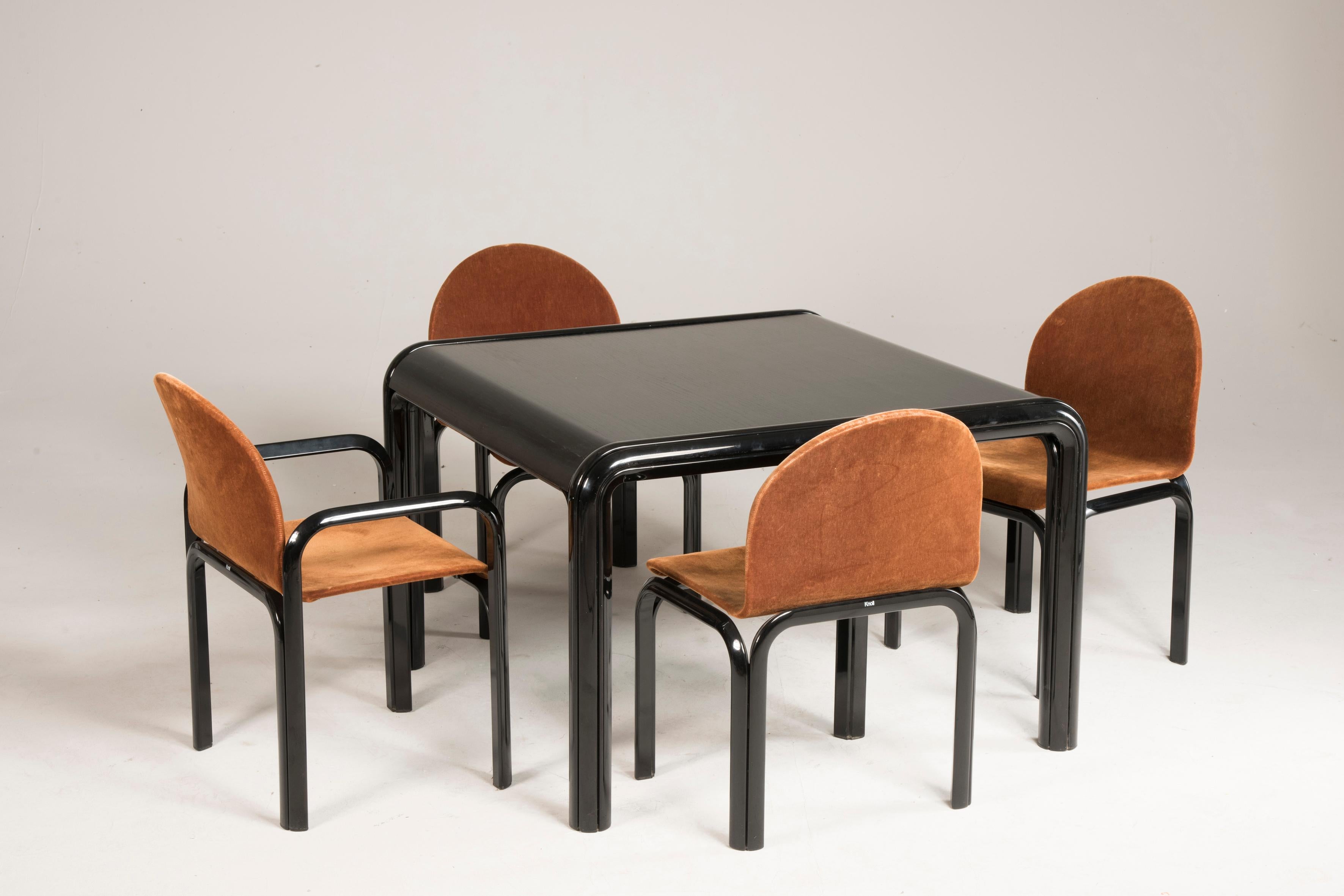 European 1970s Gae Aulenti Knoll Squared Black Wood Table Four Brown Velvet Chairs