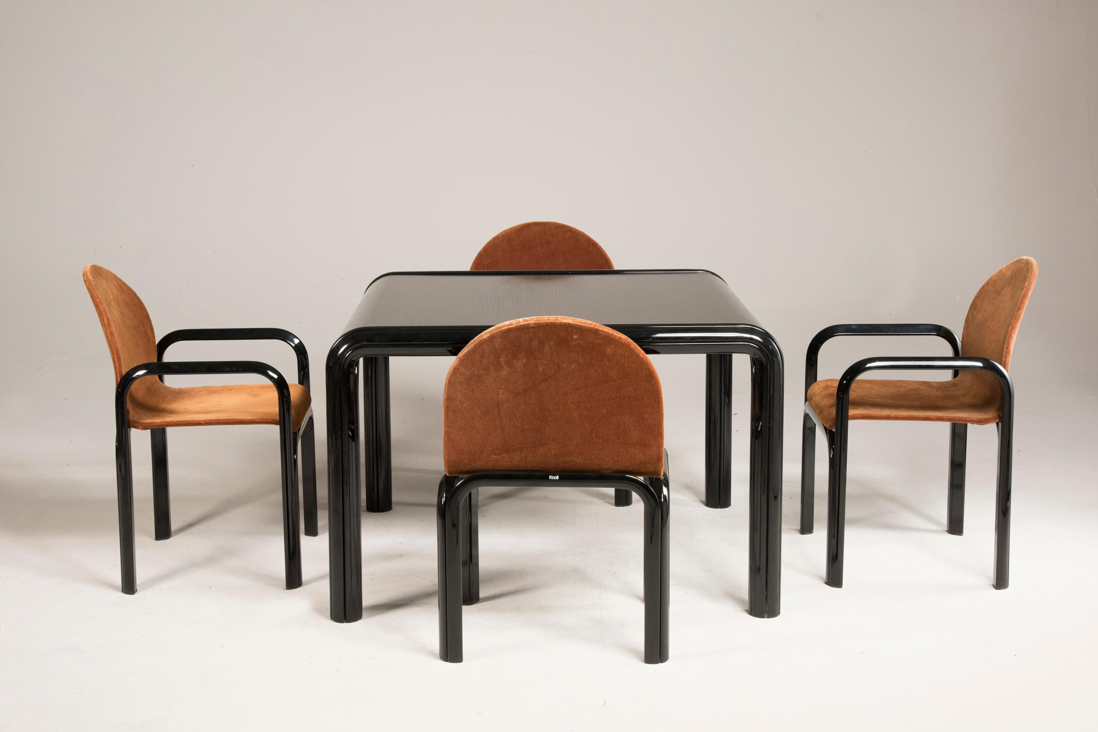 20th Century 1970s Gae Aulenti Knoll Squared Black Wood Table Four Brown Velvet Chairs