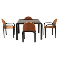 1970s Gae Aulenti Knoll Squared Black Wood Table Four Brown Velvet Chairs