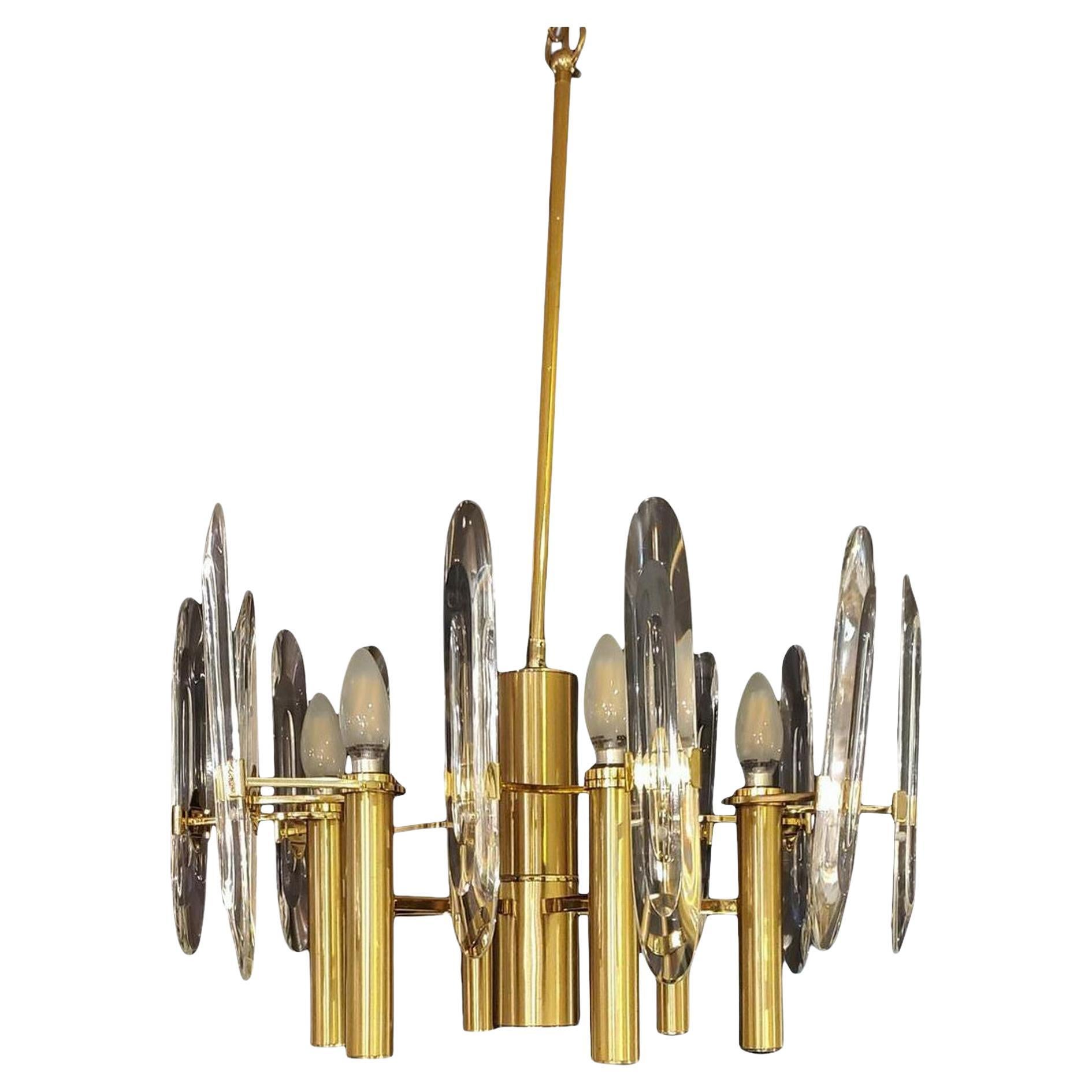 1970s Gaetano Sciolari Brass & Crystal Glass Chandelier For Sale