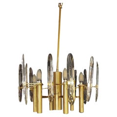 1970s Gaetano Sciolari Brass & Crystal Glass Chandelier