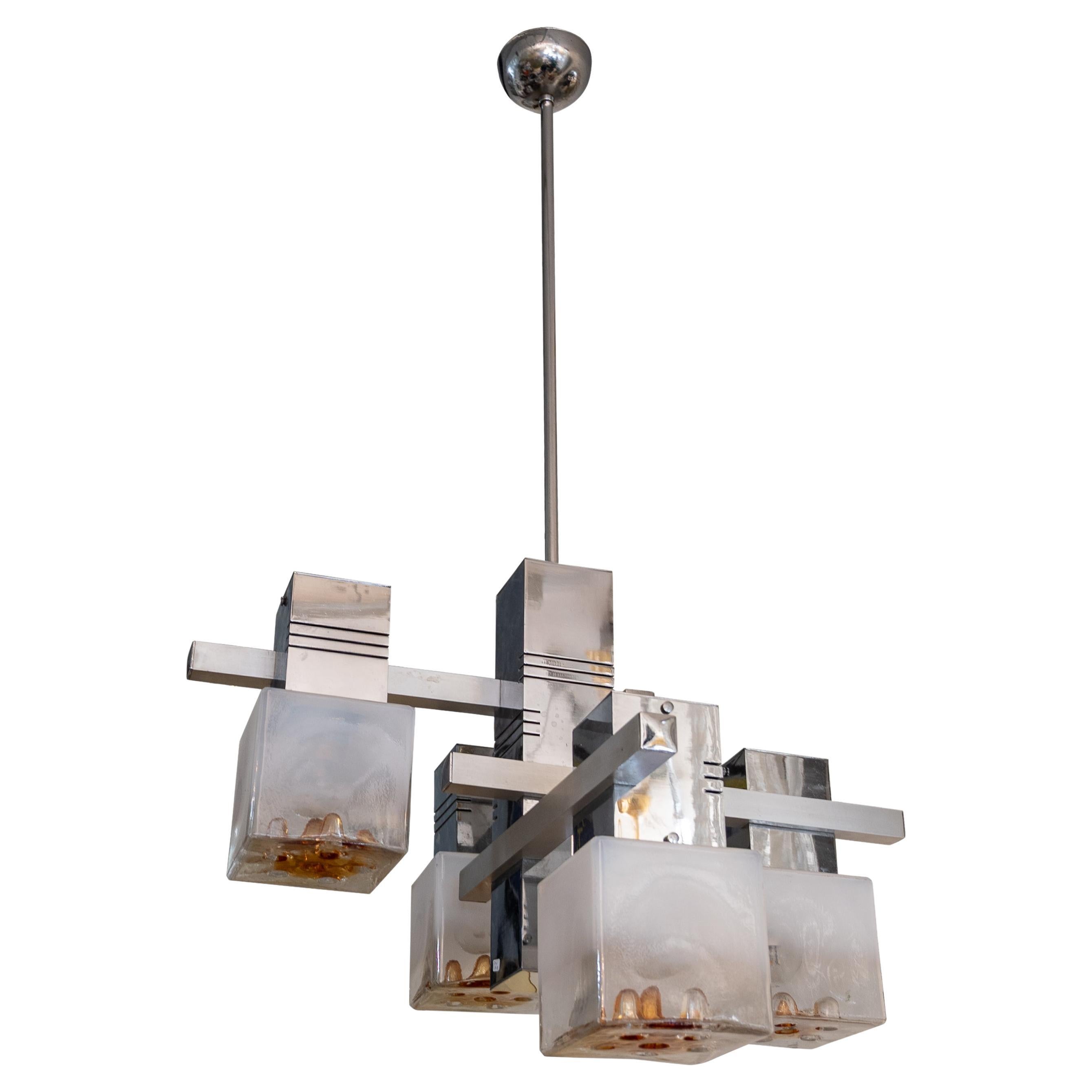 Gaetano Sciolari 1970s Ceiling Light by AVMazzega, Chrome & Amber