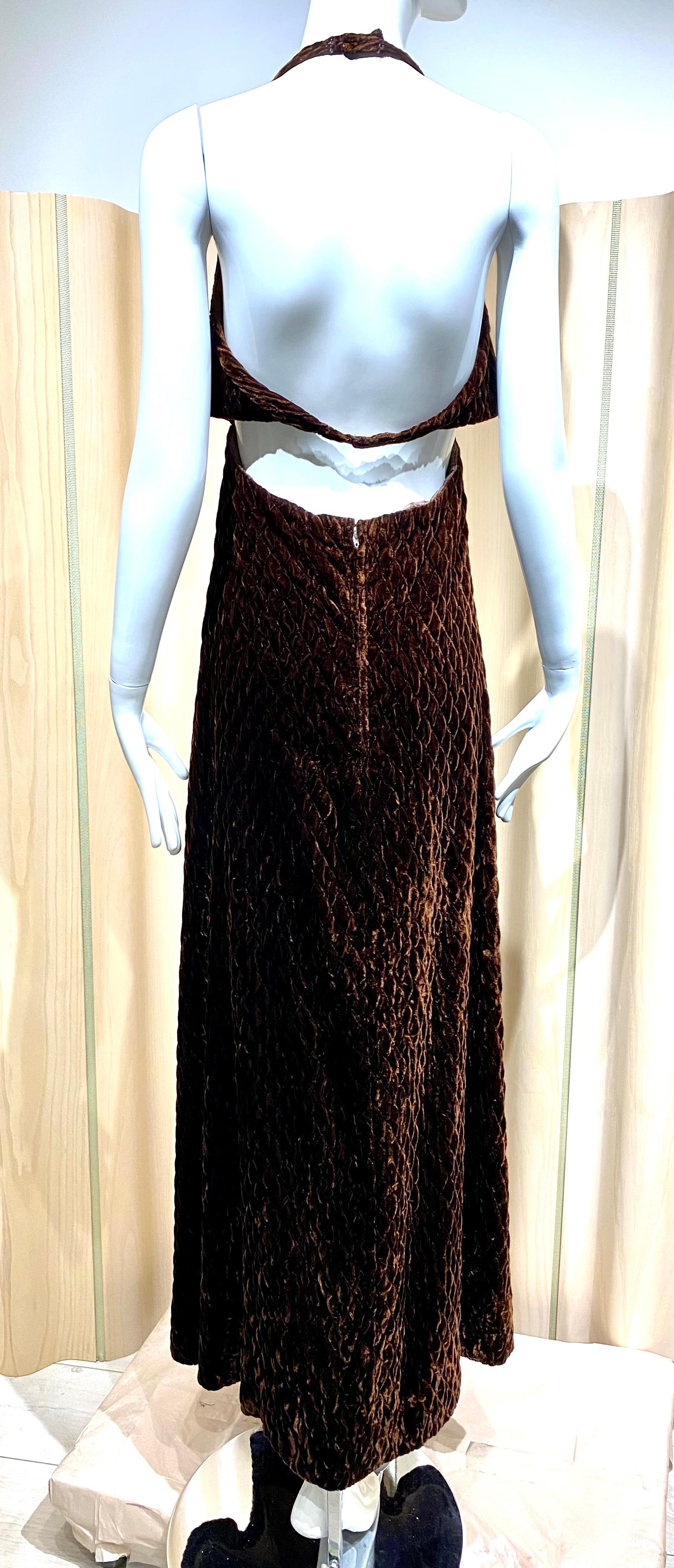 1970s GALANOS Brown Velvet Halter Gown In Good Condition In Beverly Hills, CA