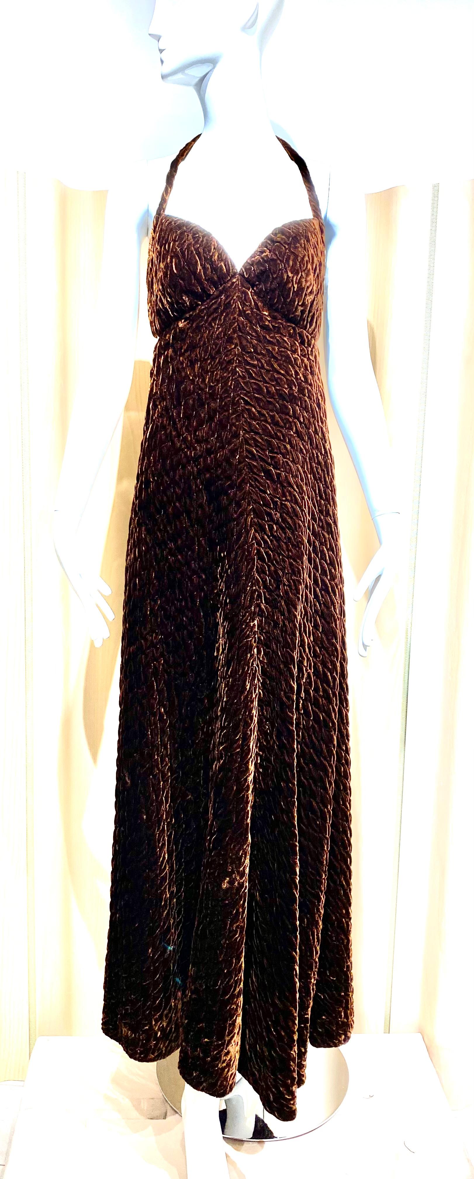 1970s GALANOS Brown Velvet Halter Gown 3