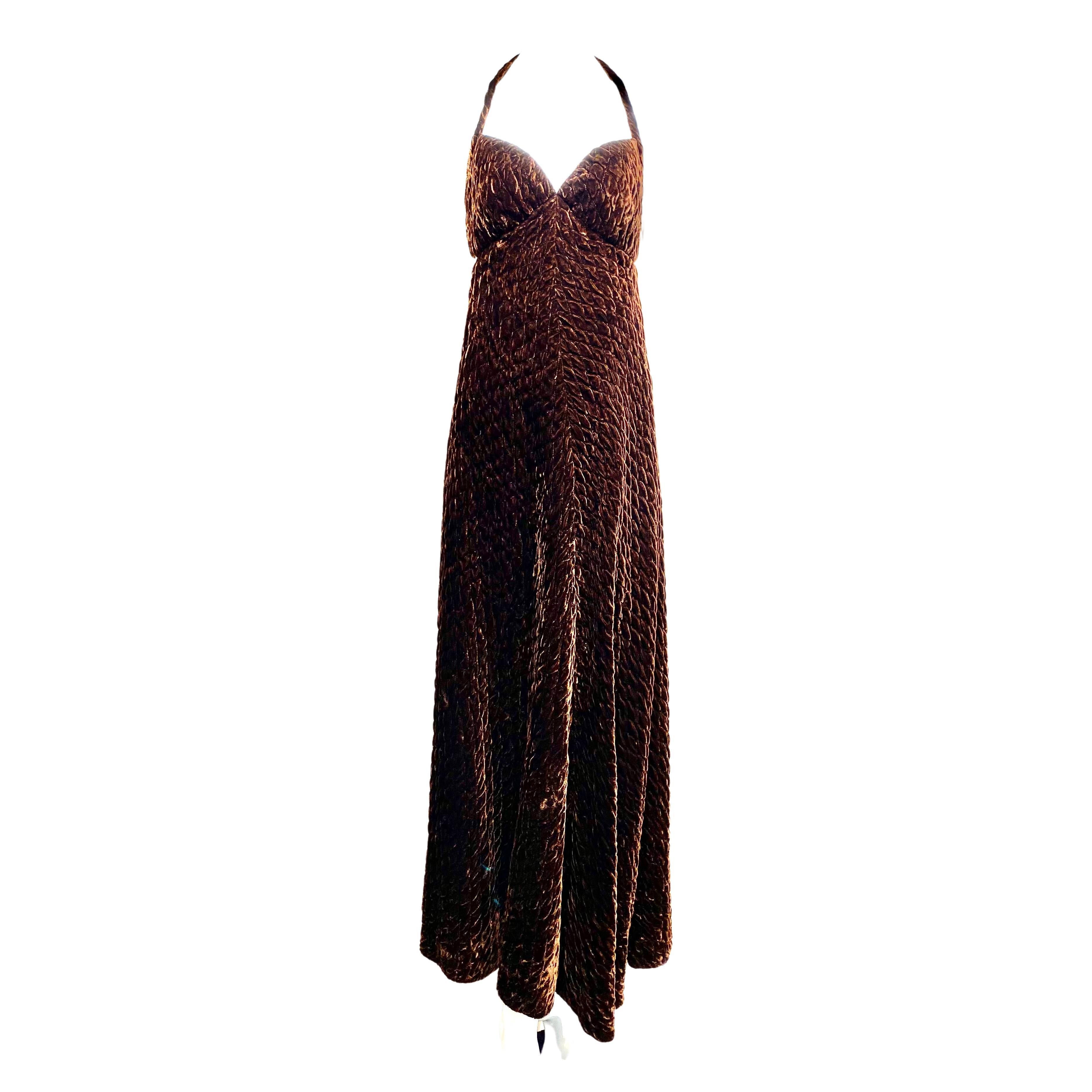 1970s GALANOS Brown Velvet Halter Gown