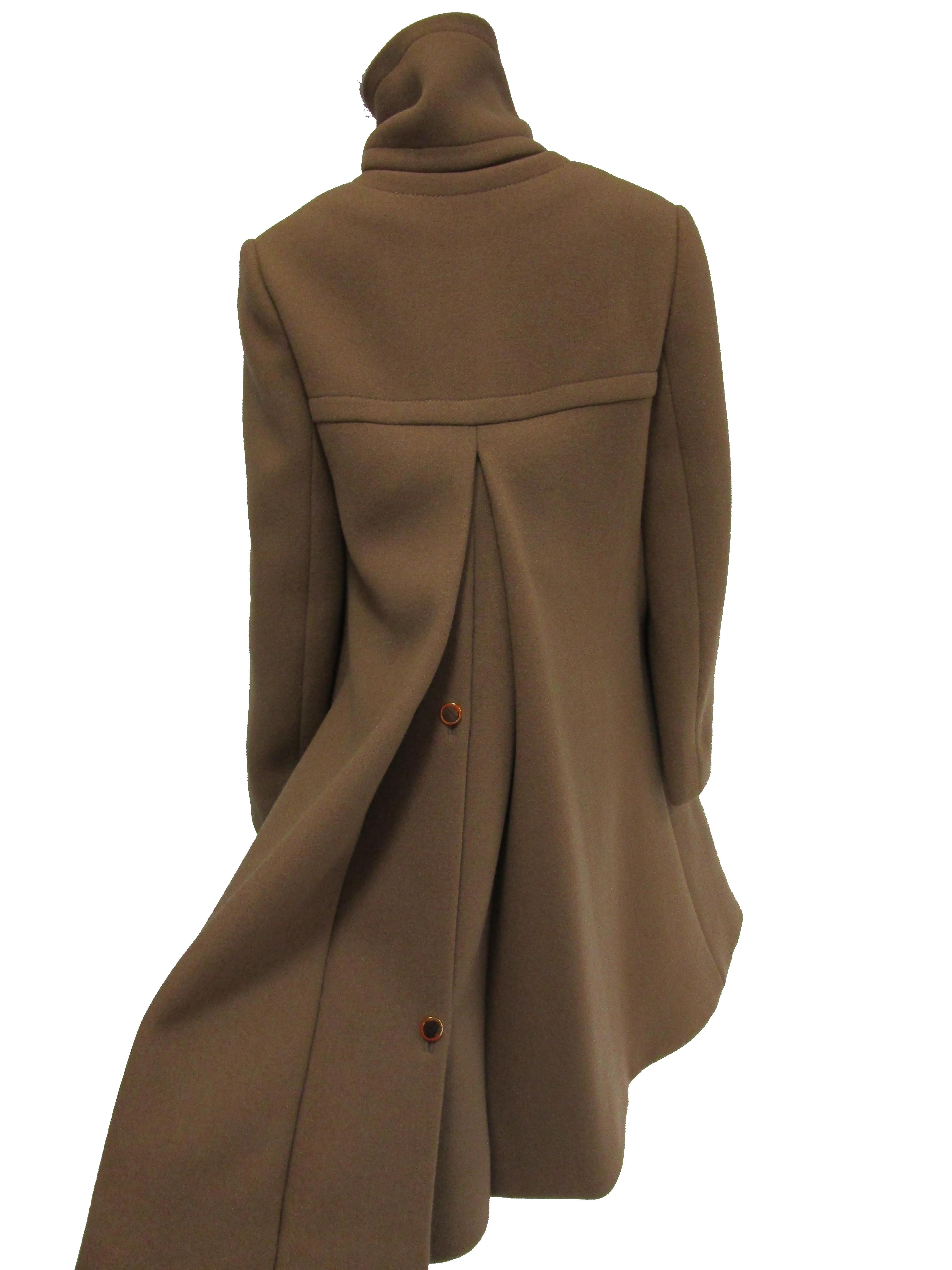 Women's 1970s Galanos Brown Wool Coat with Pleat Detail and Wooden Buttons