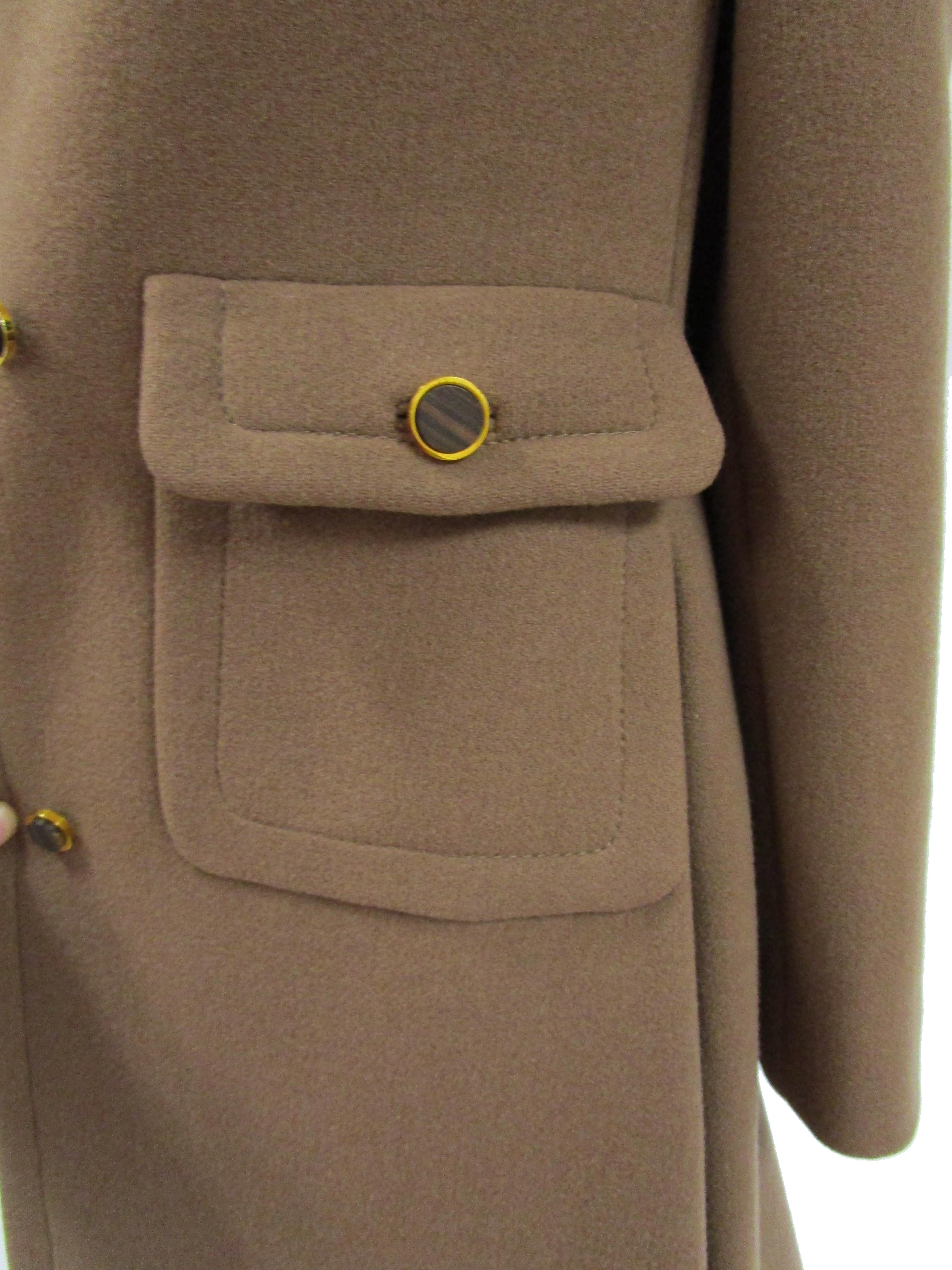 1970s Galanos Brown Wool Coat with Pleat Detail and Wooden Buttons 1